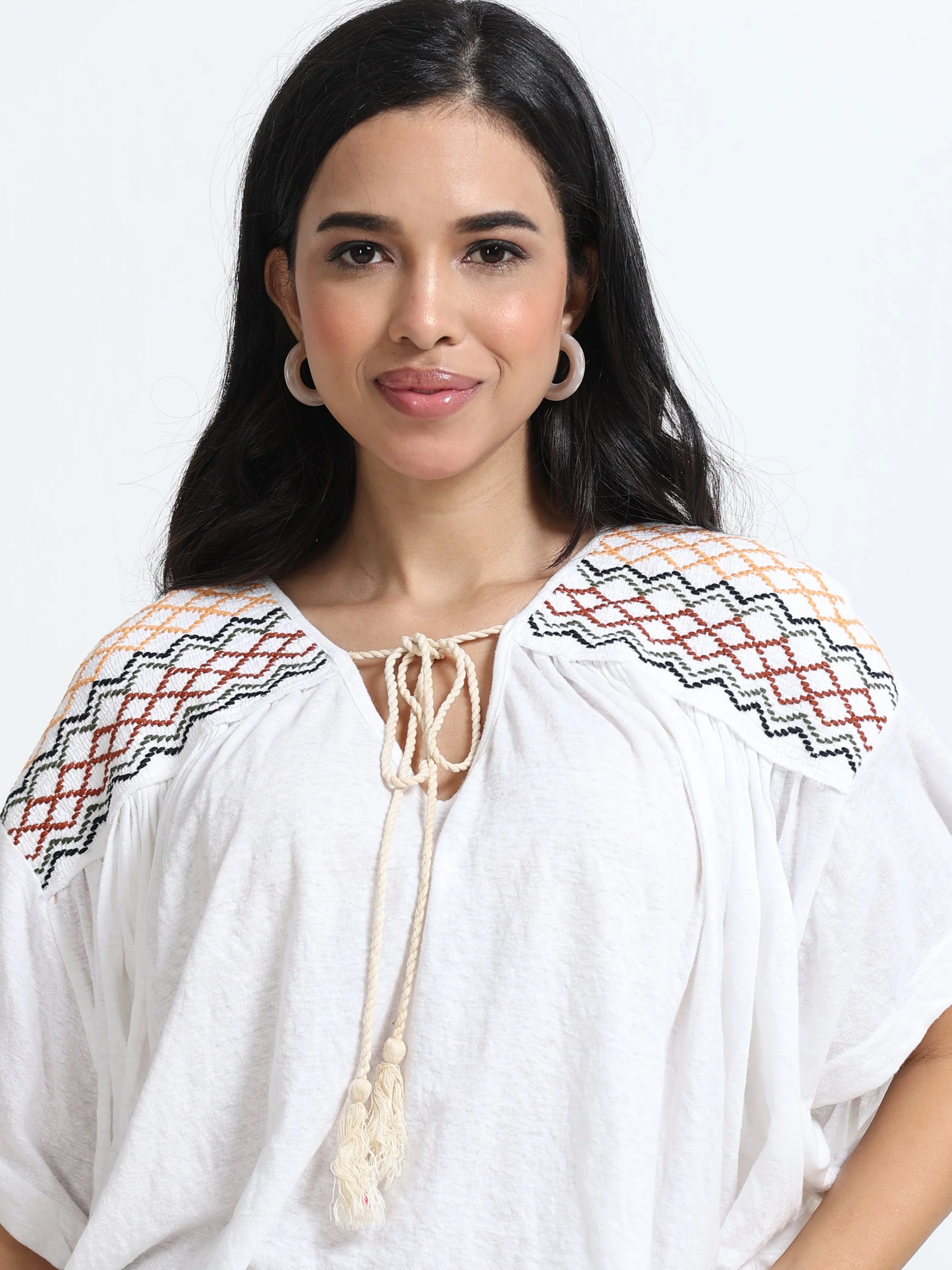 Women Trim Tassel Tie V-Neck Embroidery Top - Image 3