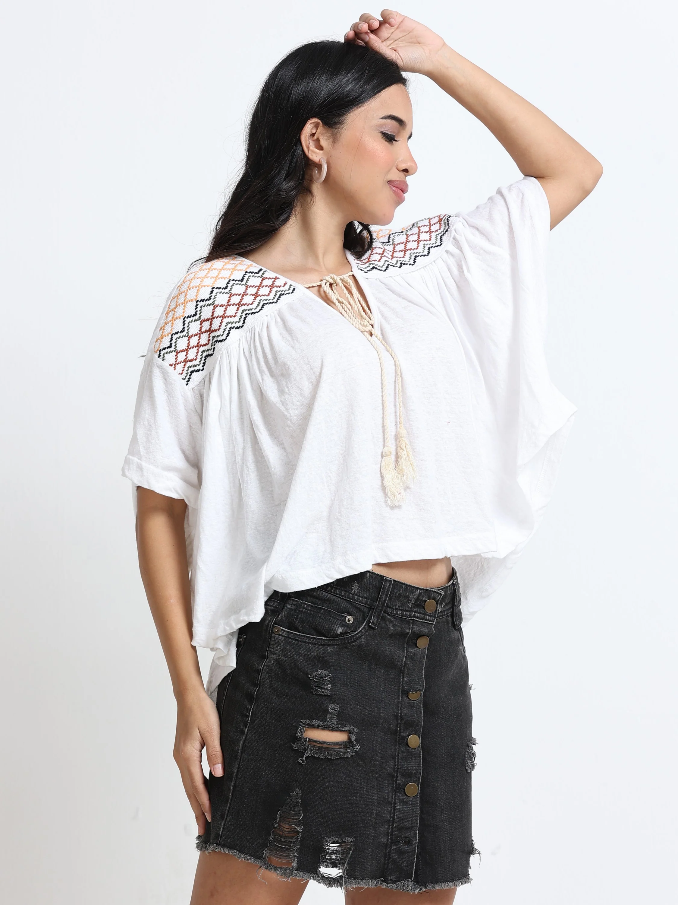 Women Trim Tassel Tie V-Neck Embroidery Top - Image 5