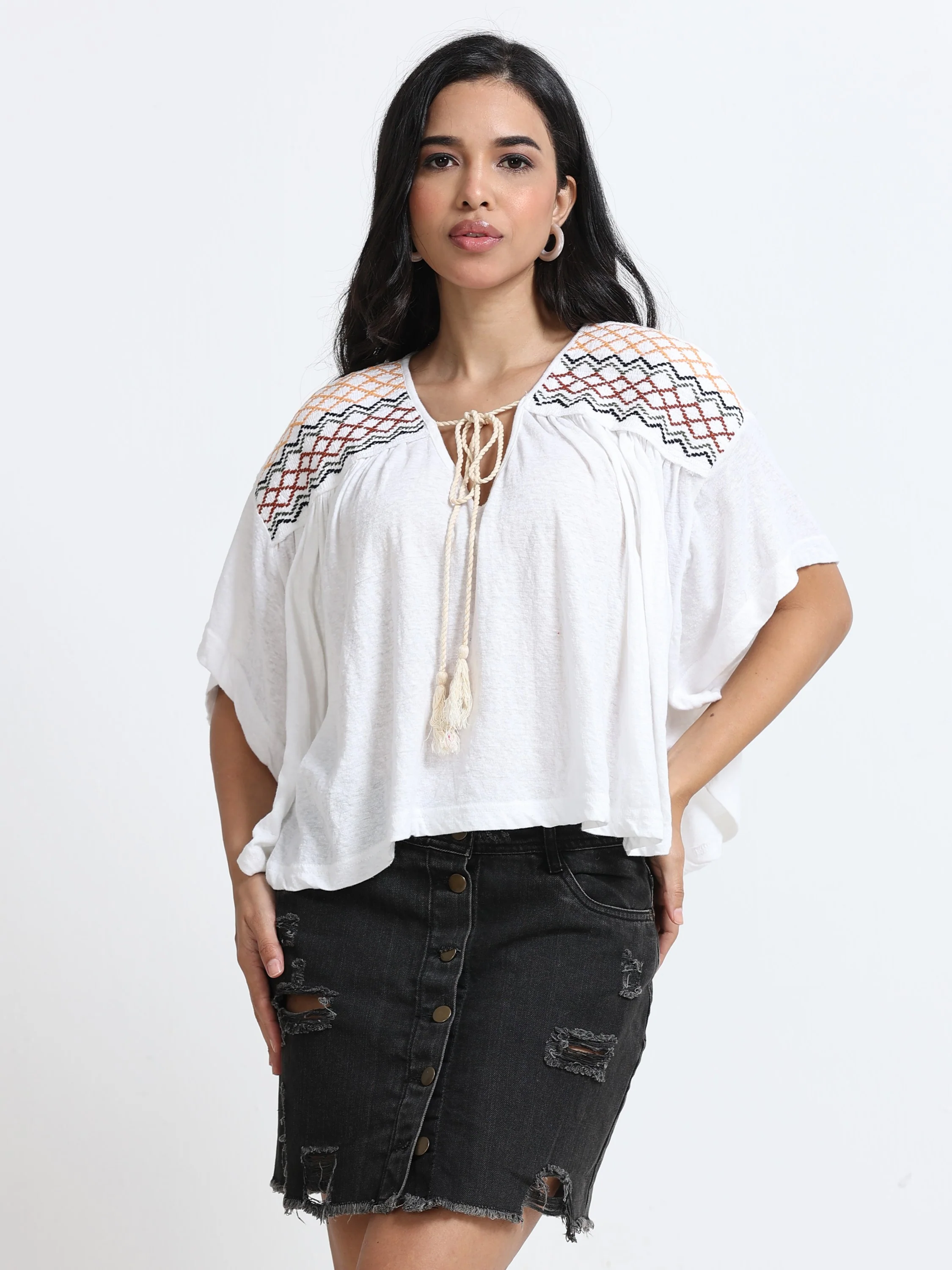Women Trim Tassel Tie V-Neck Embroidery Top - Image 6