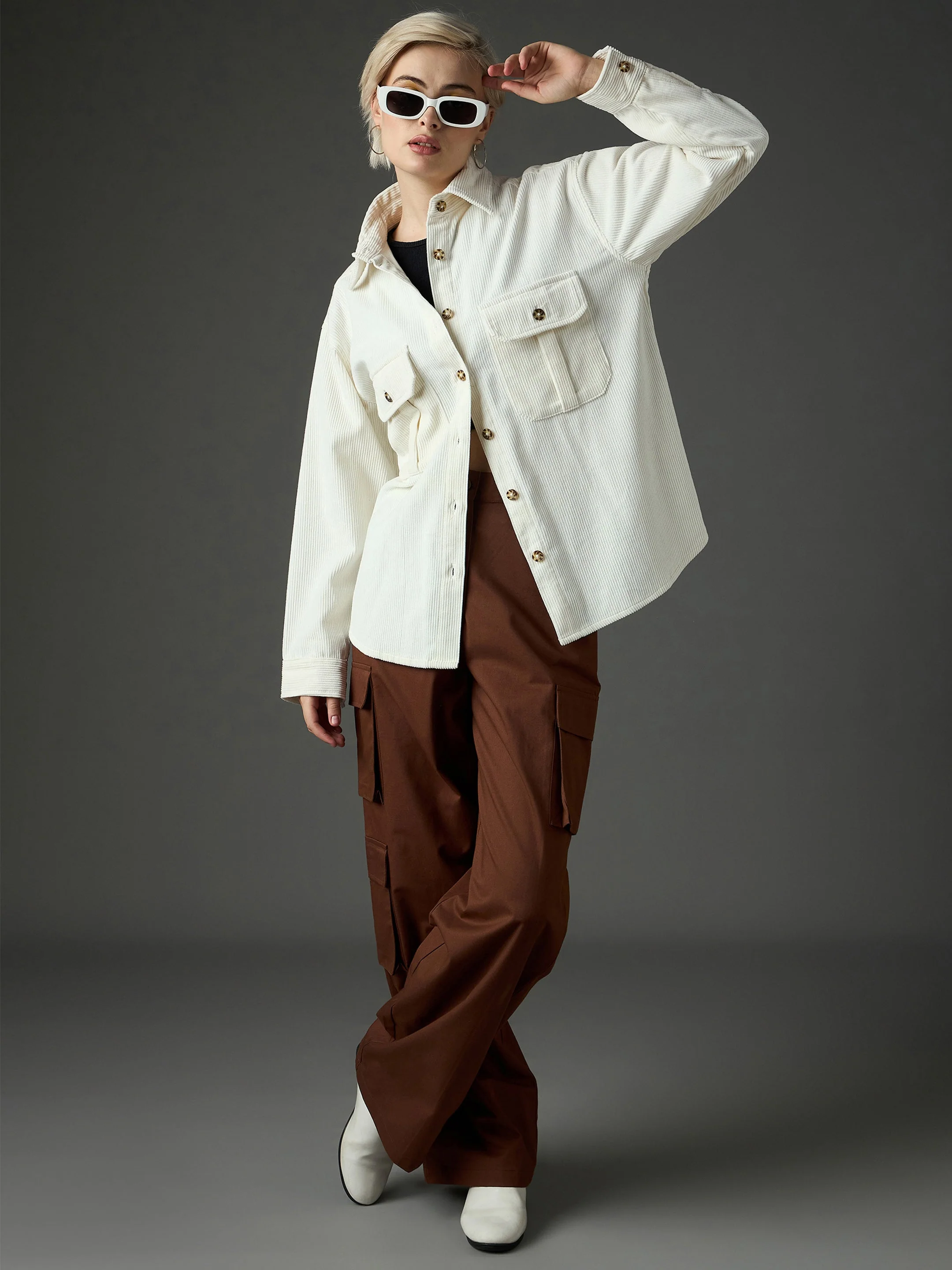 Women White Corduroy Oversized Shirt - Image 2