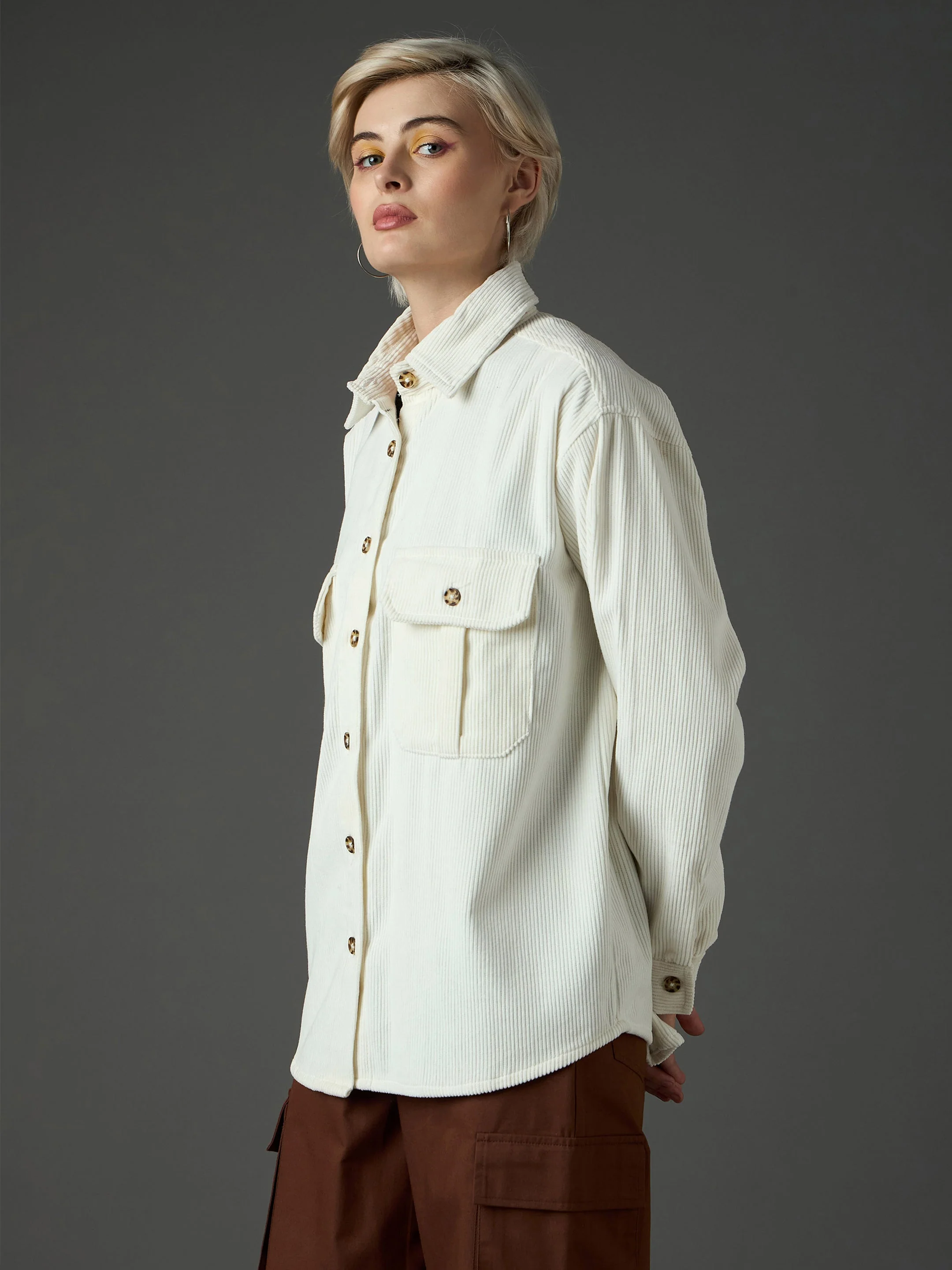 Women White Corduroy Oversized Shirt - Image 3