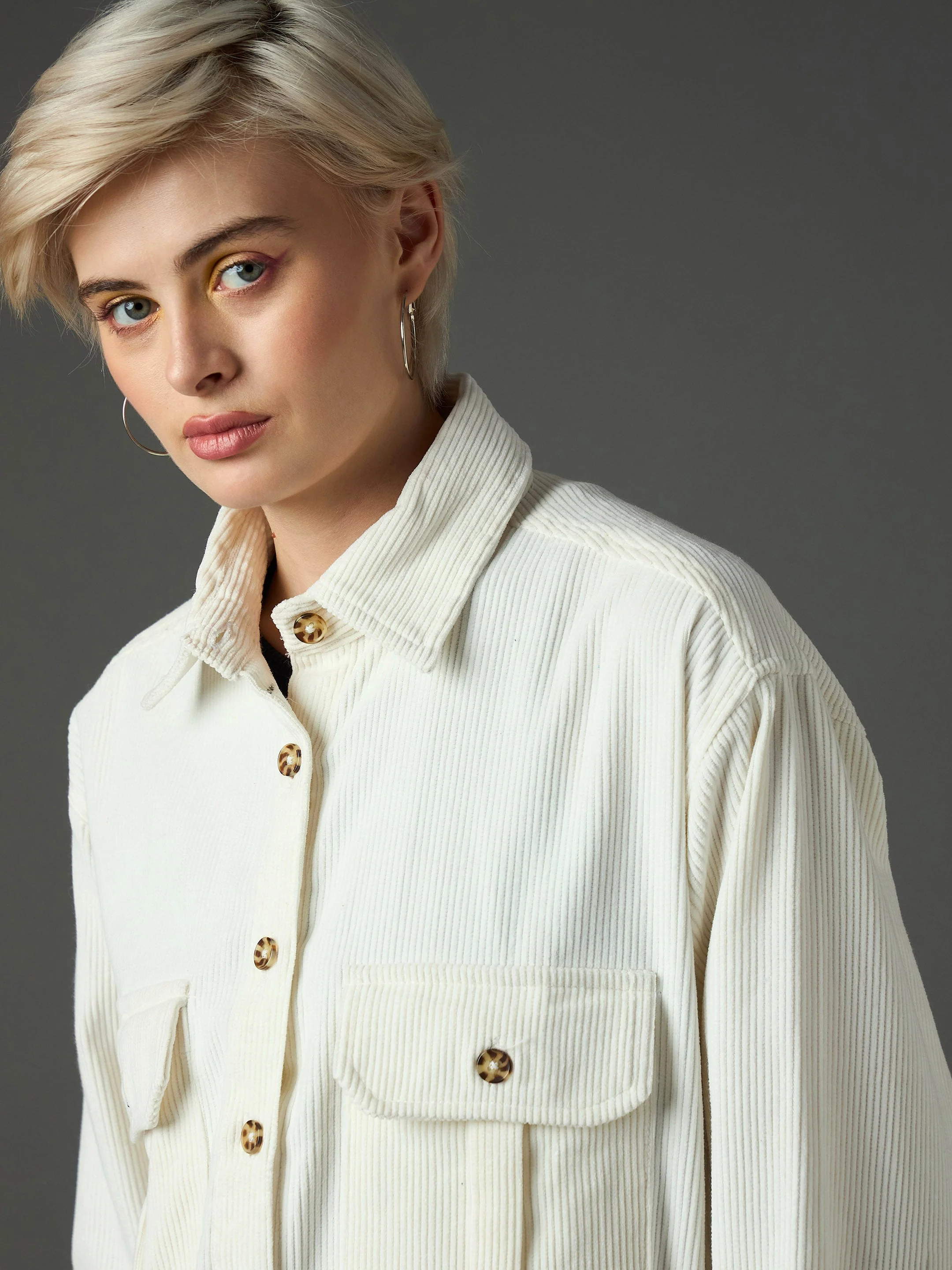 Women White Corduroy Oversized Shirt - Image 4