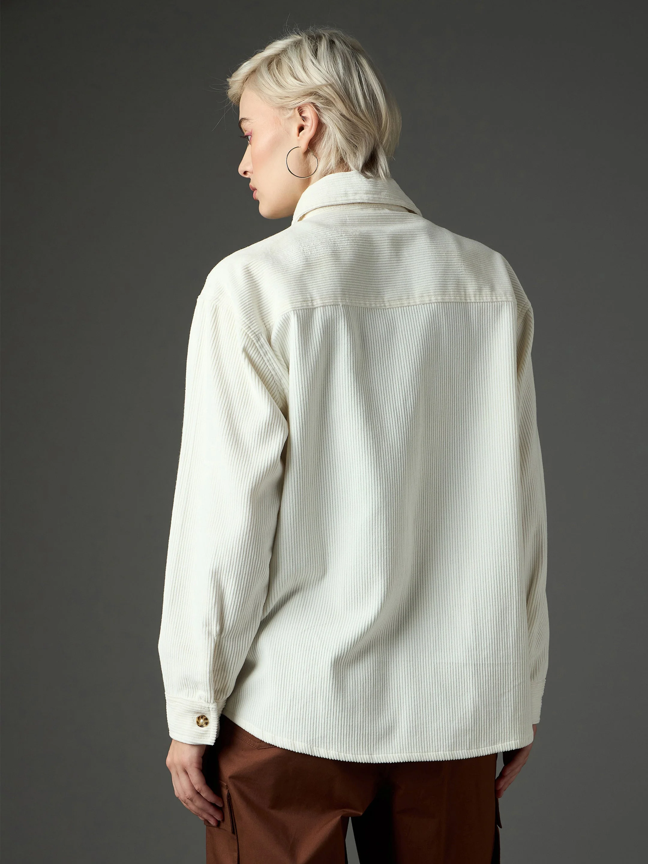 Women White Corduroy Oversized Shirt - Image 5