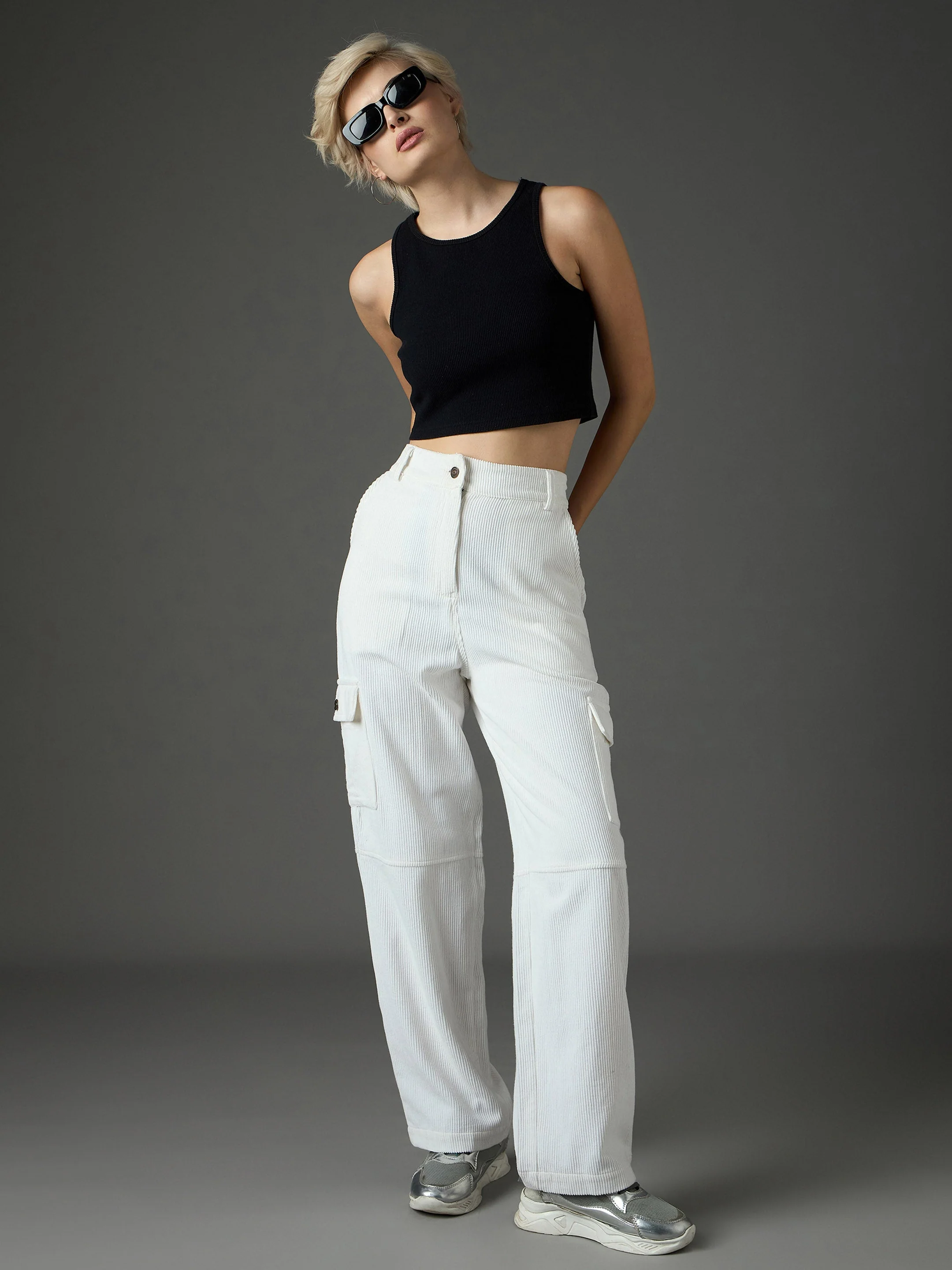 Women White Corduroy Straight Fit Cargo Pants - Image 2