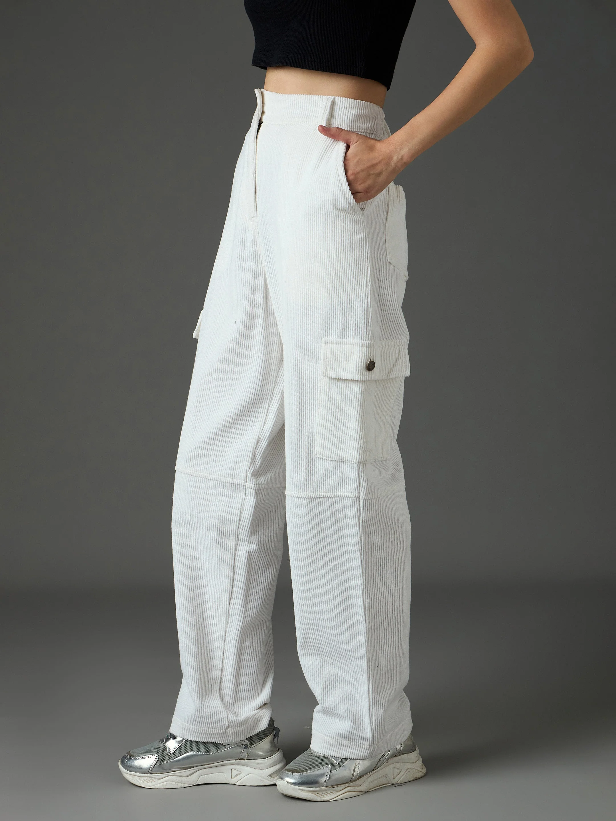 Women White Corduroy Straight Fit Cargo Pants - Image 3
