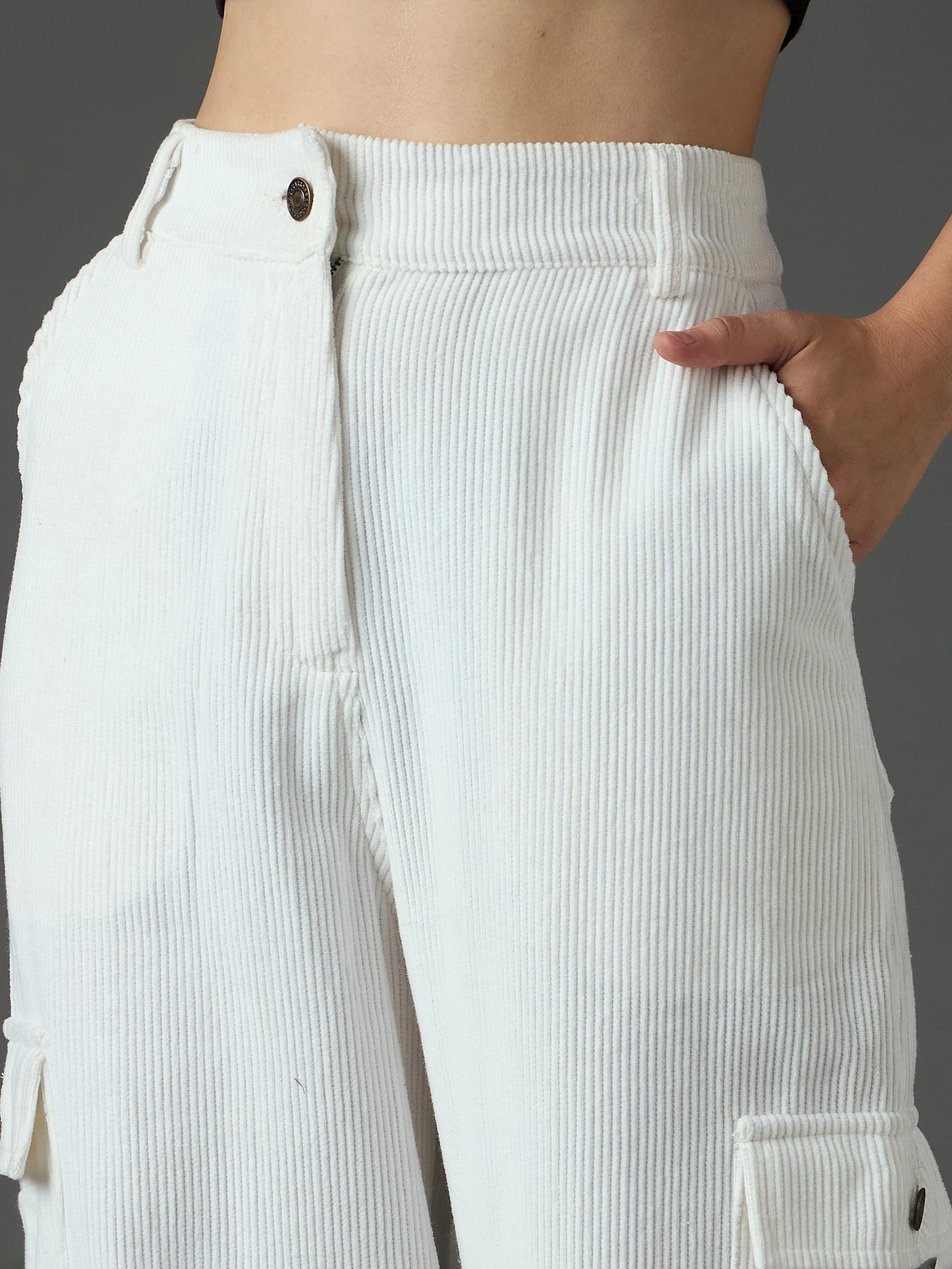 Women White Corduroy Straight Fit Cargo Pants - Image 4