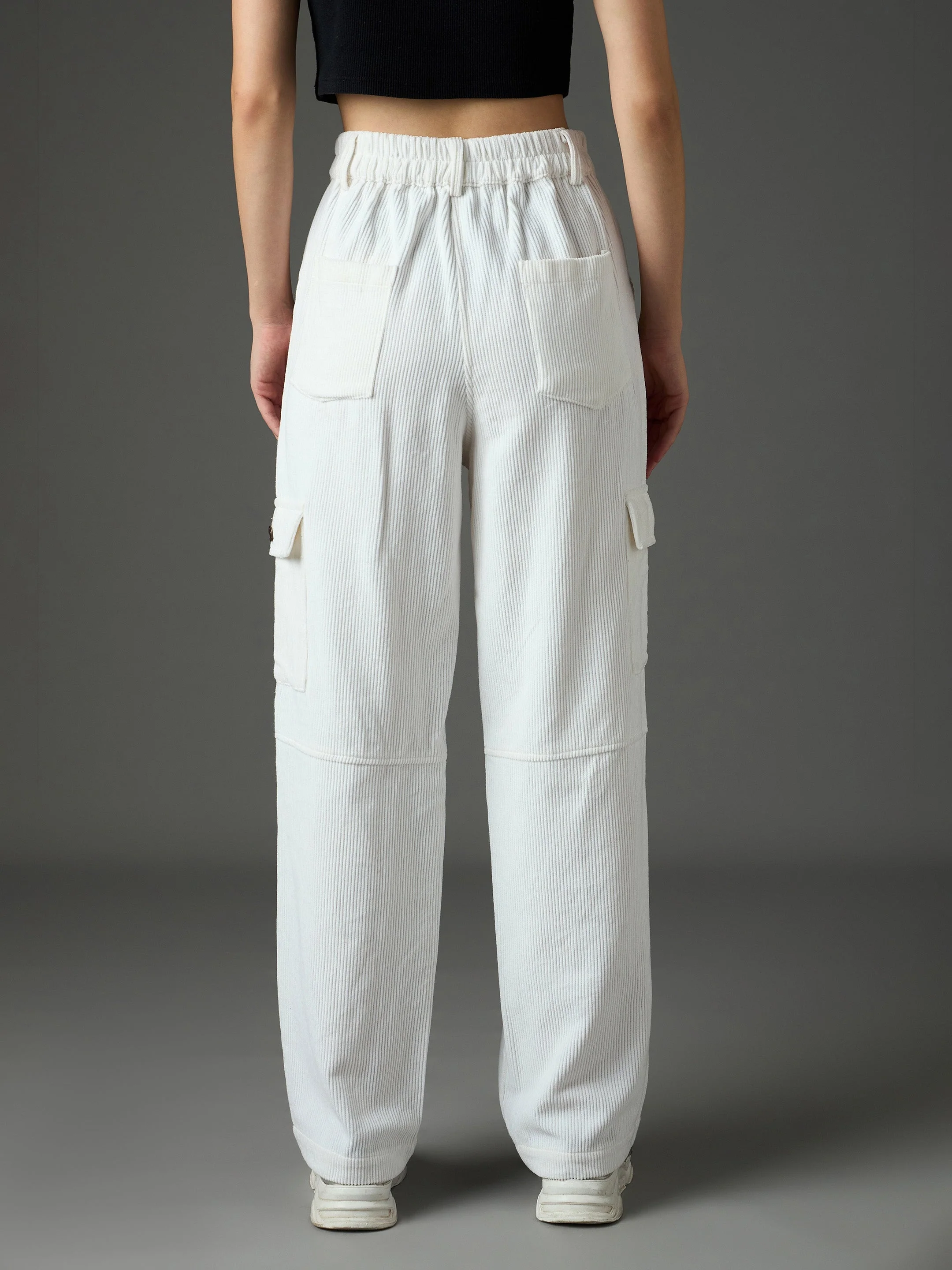 Women White Corduroy Straight Fit Cargo Pants - Image 5