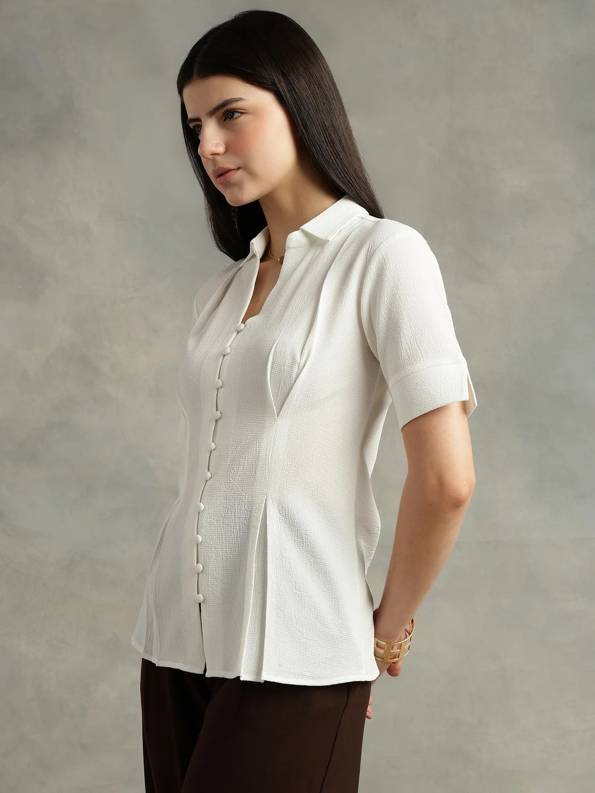 Women White Crepe Spread Collar Shirt - Image 3