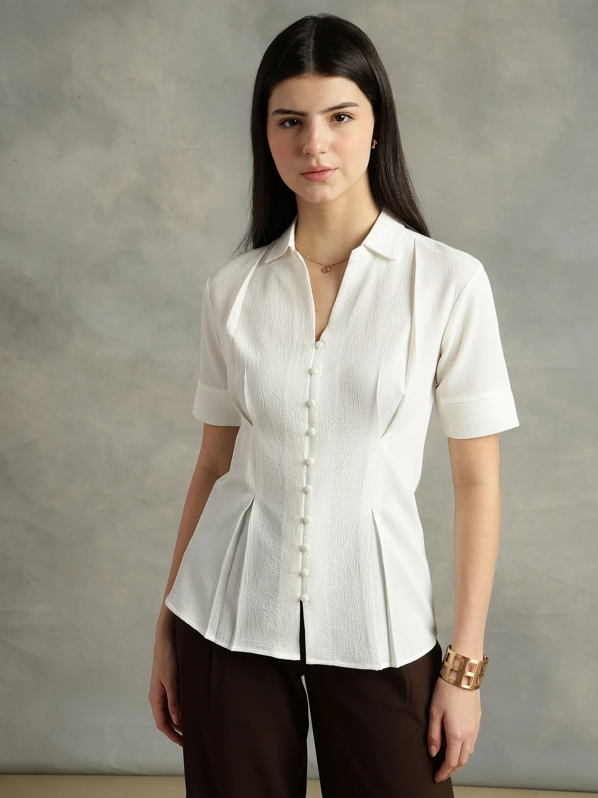 Women White Crepe Spread Collar Shirt - Image 5