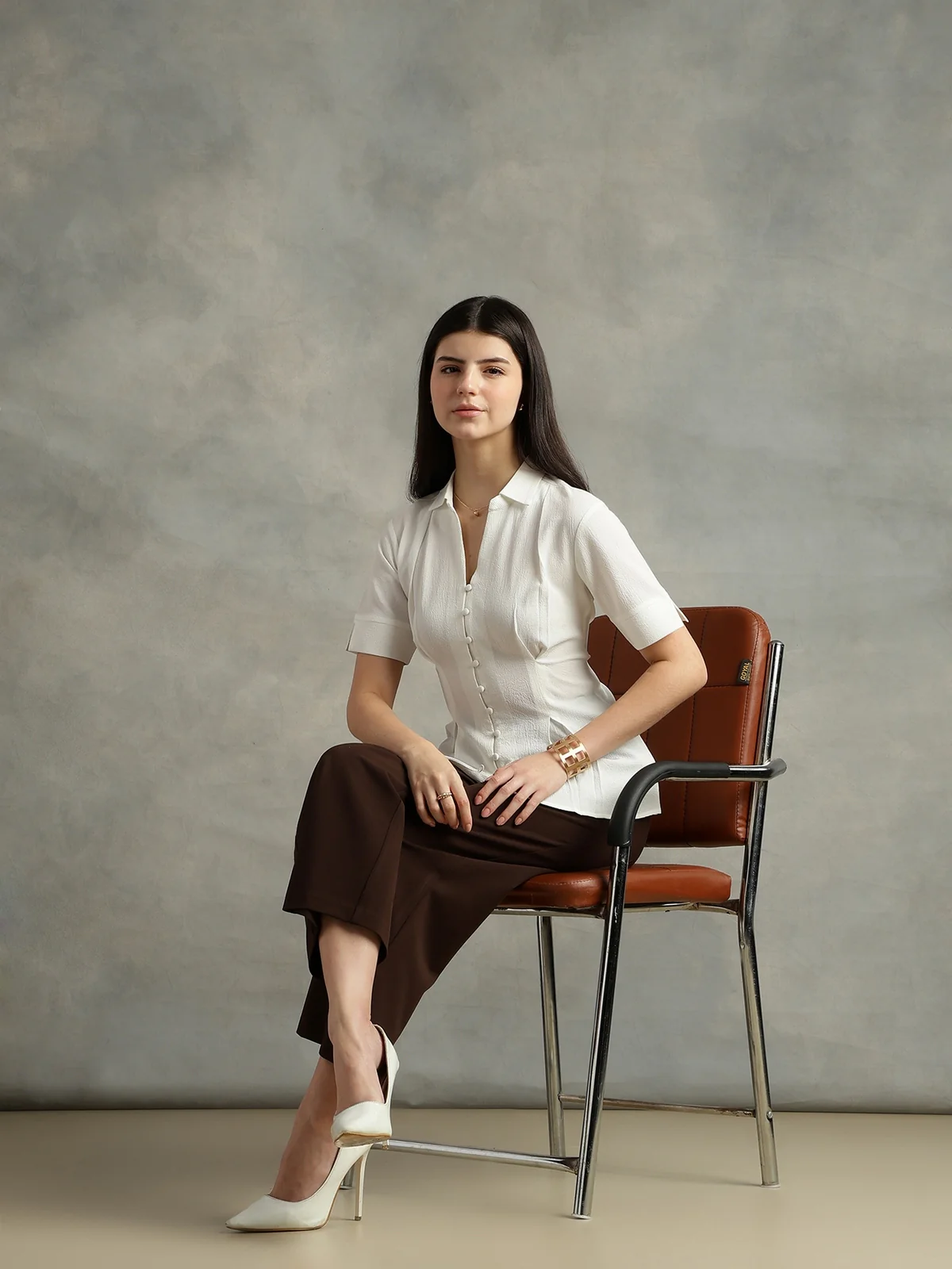 Women White Crepe Spread Collar Shirt - Image 6