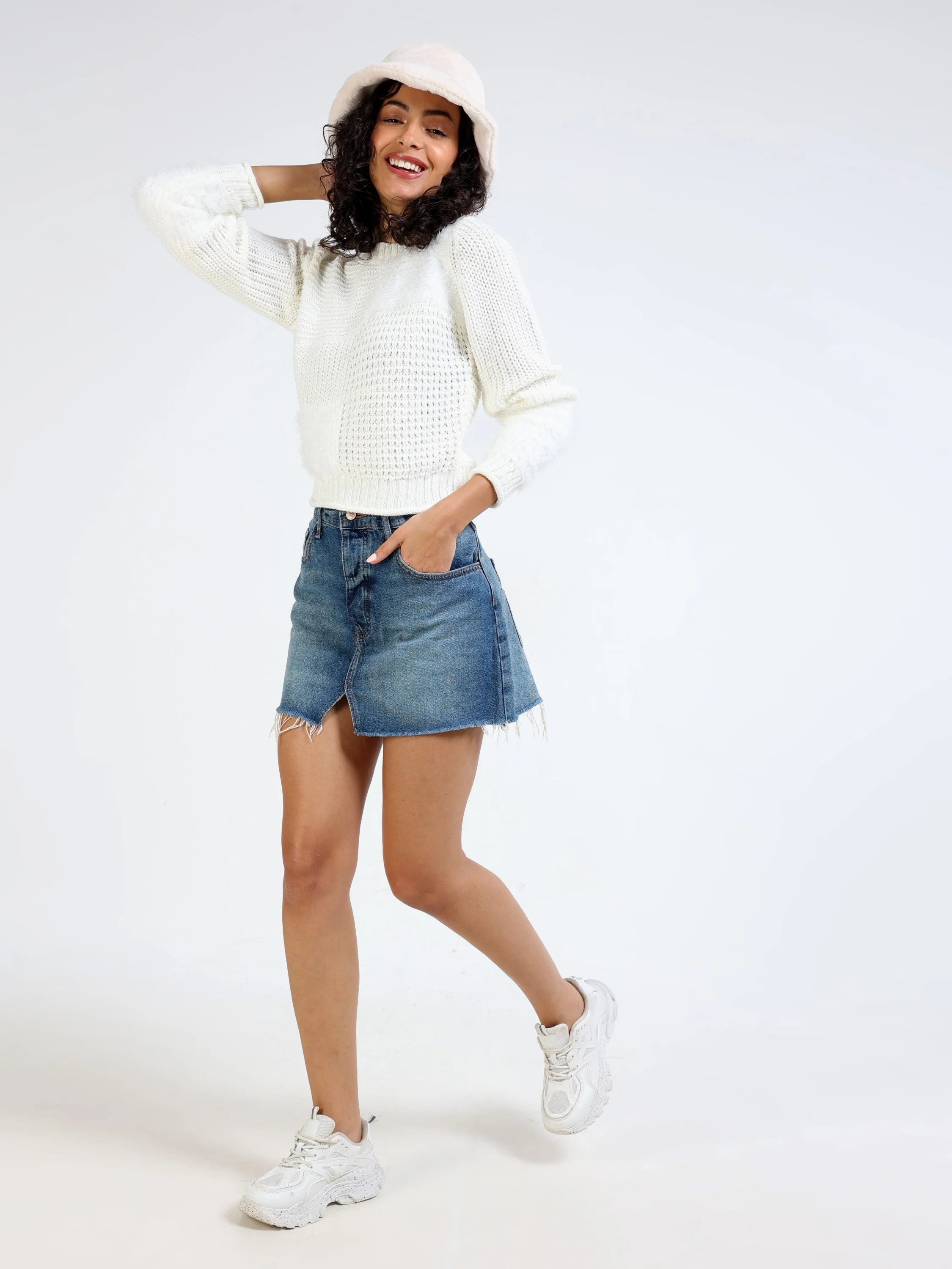 Women White Crew Neck Sweater - Image 2