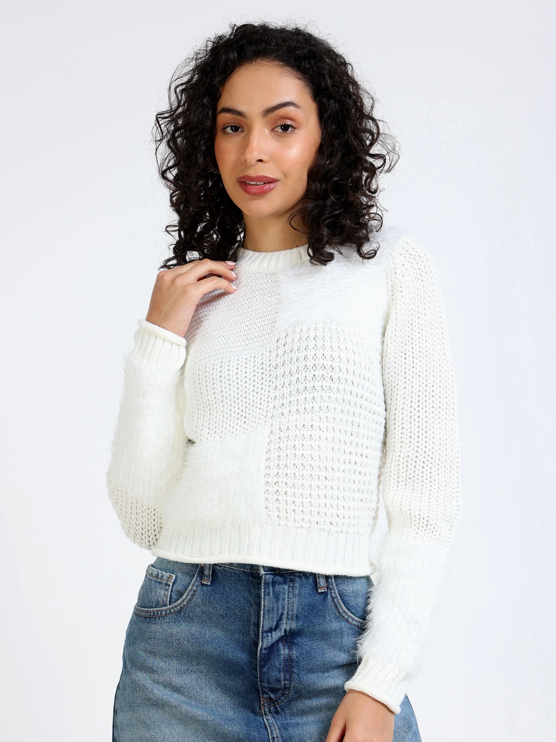 Women White Crew Neck Sweater - Image 5