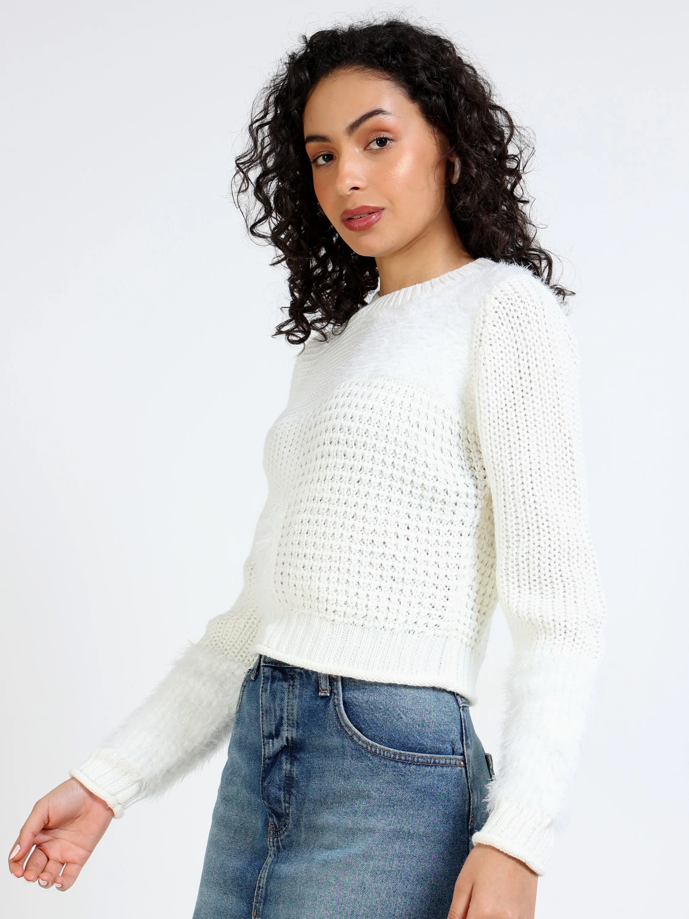 Women White Crew Neck Sweater - Image 6