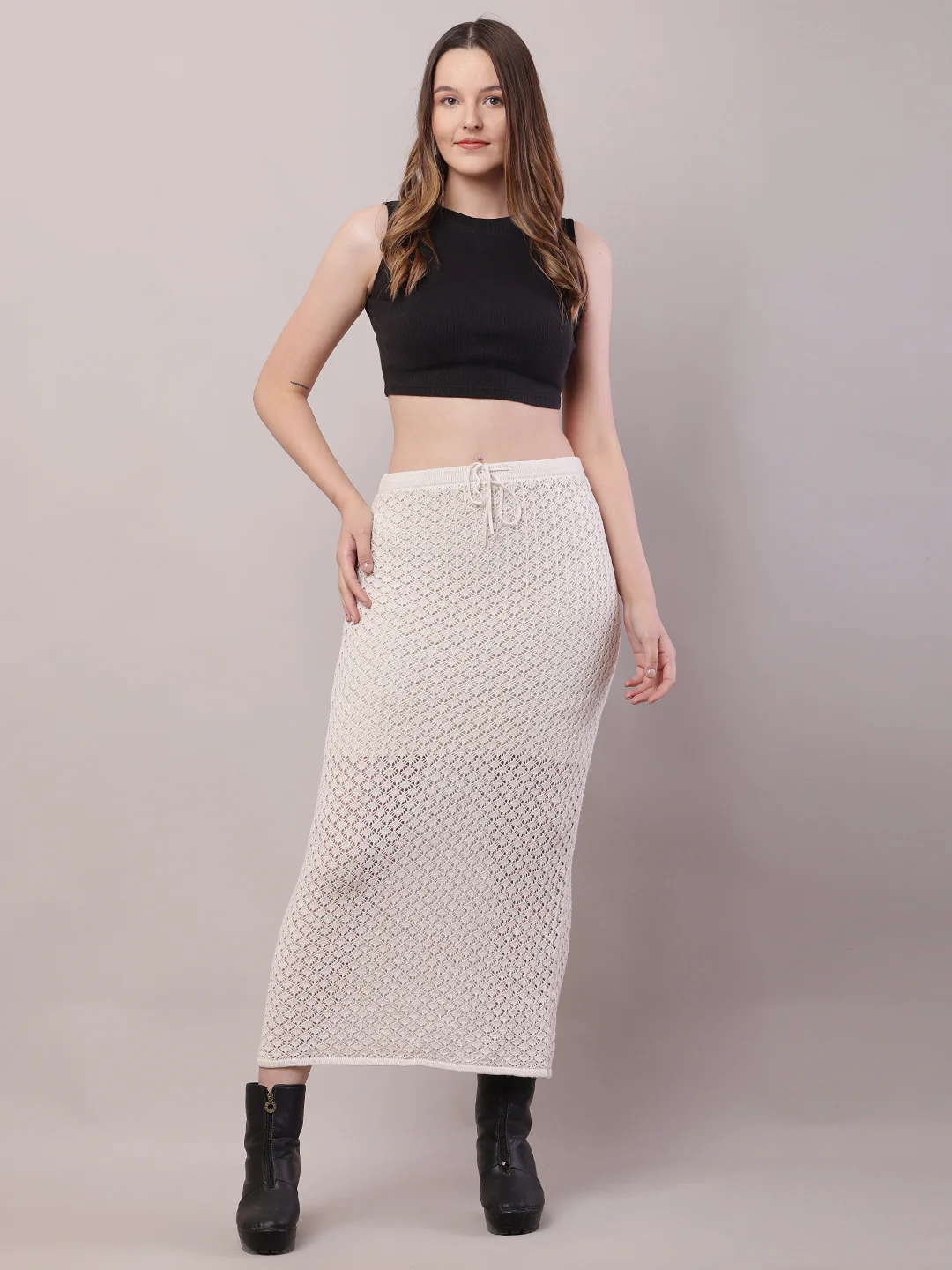 Women White Crochet Mesh Sheer Maxi Skirt - Image 3