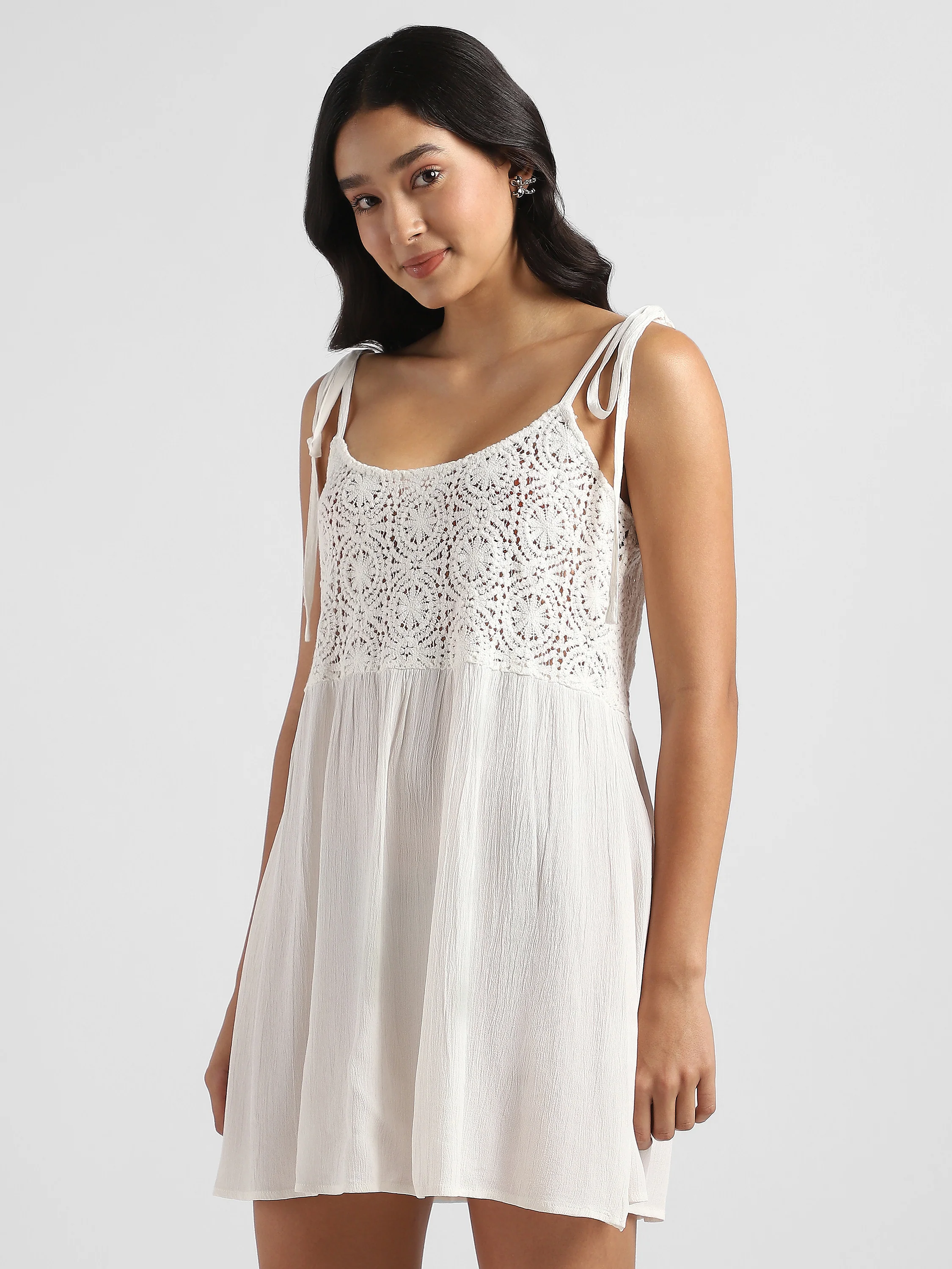 Women White Crochet Yoke Dress - Image 4