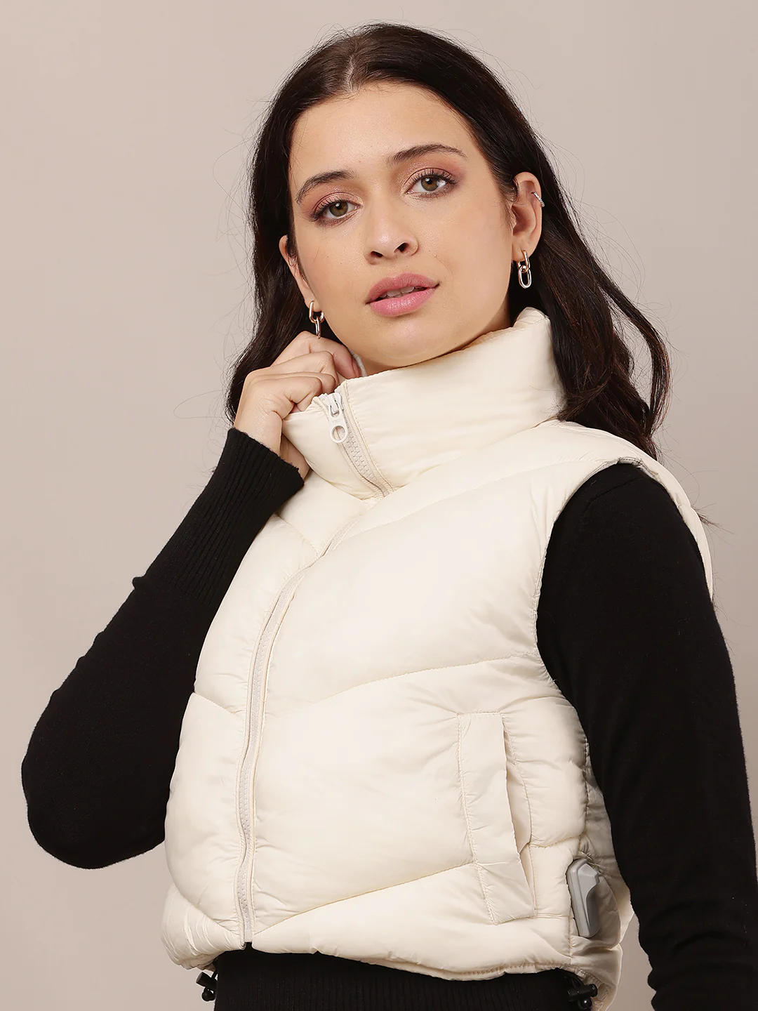 Women White Crop Puffer Jacket with High Neck - Image 2