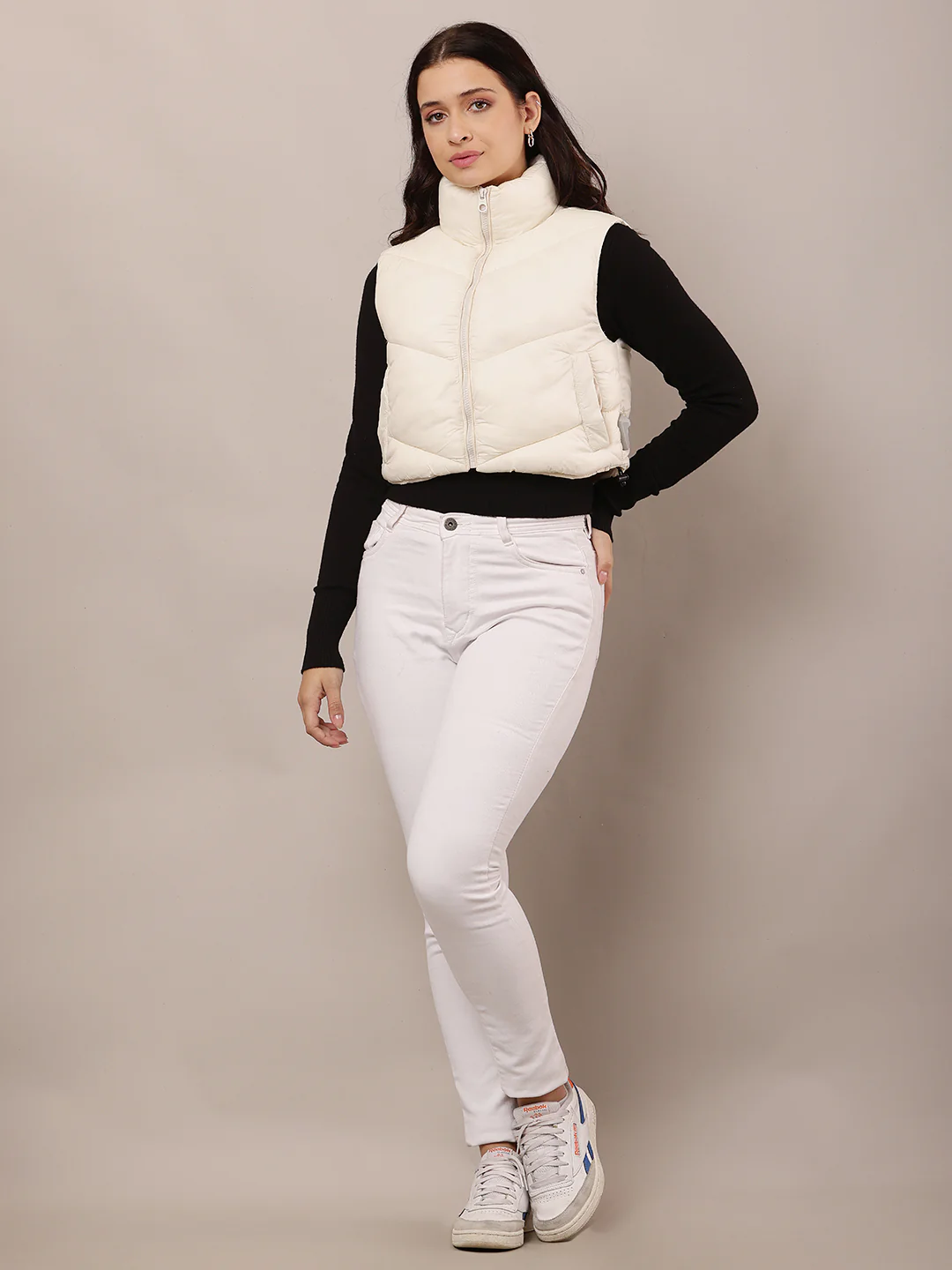 Women White Crop Puffer Jacket with High Neck - Image 3