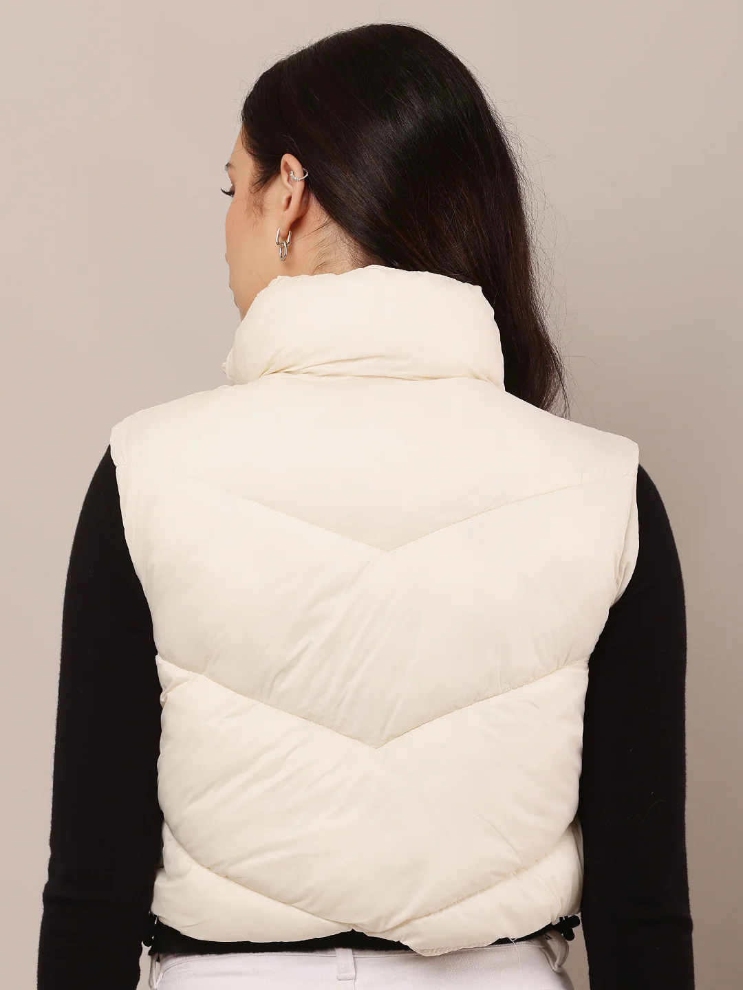 Women White Crop Puffer Jacket with High Neck - Image 4