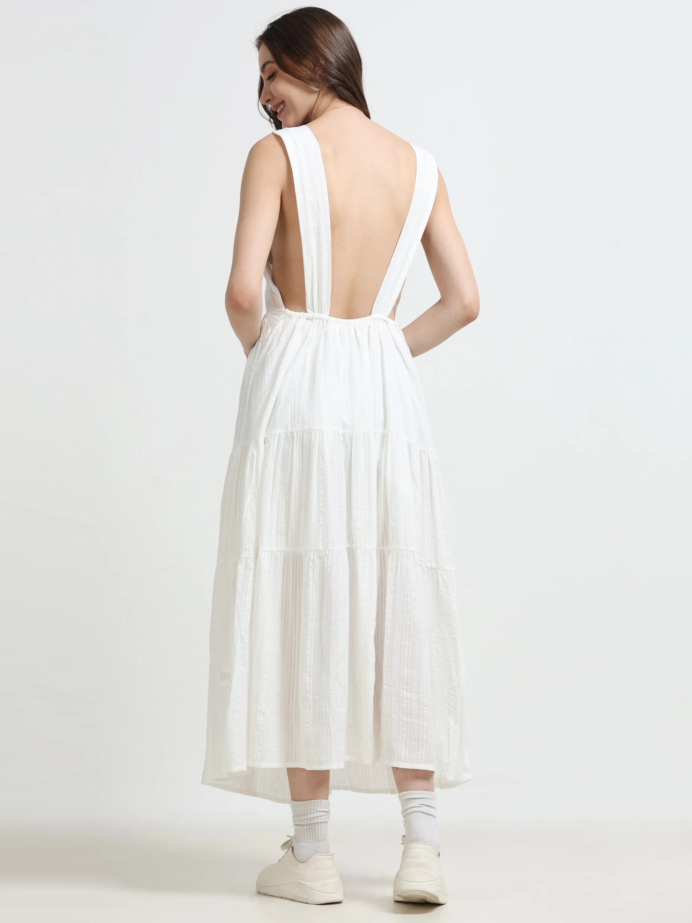 Women White Deep Back Summer Dress - Image 2