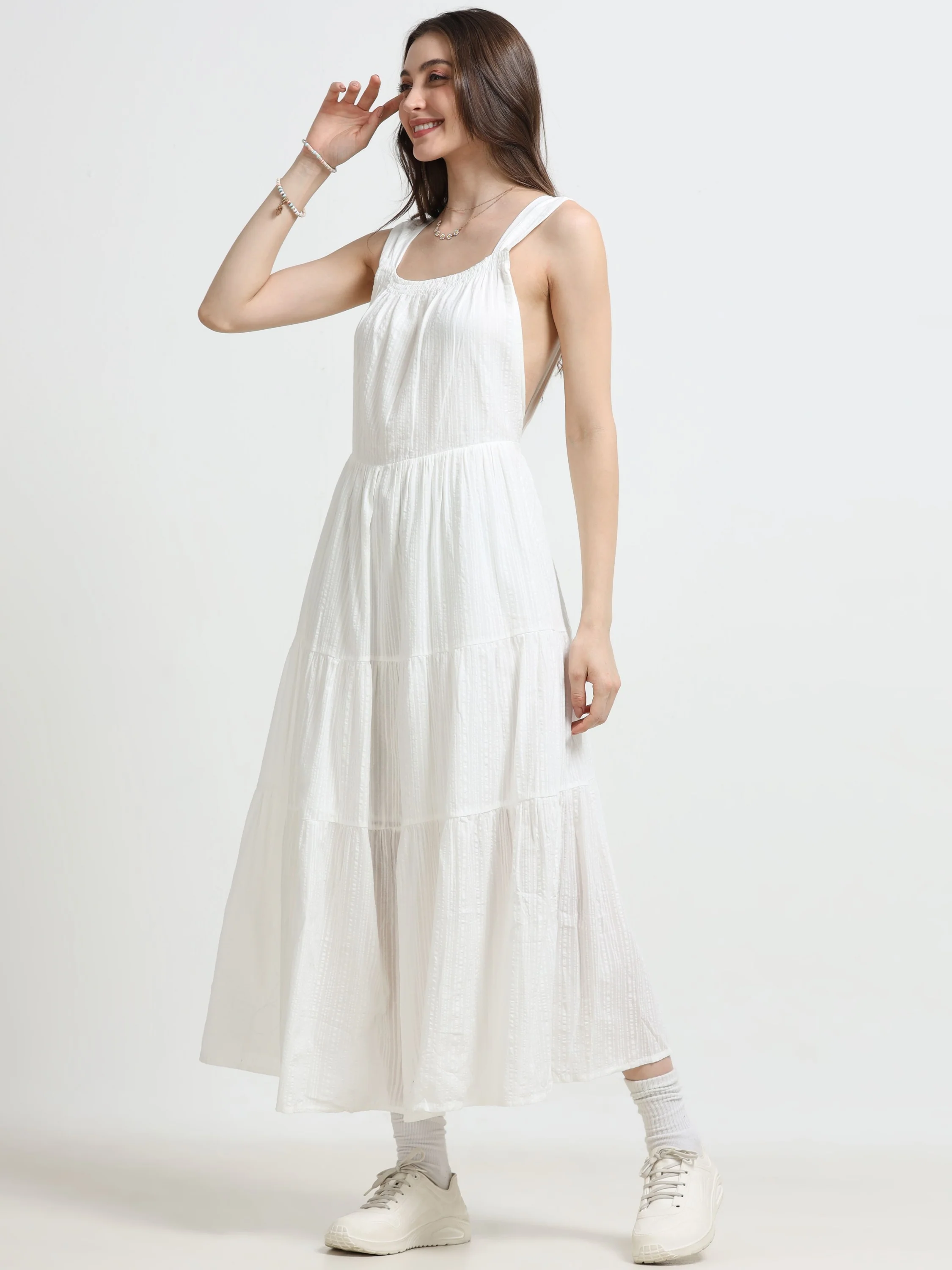 Women White Deep Back Summer Dress - Image 4