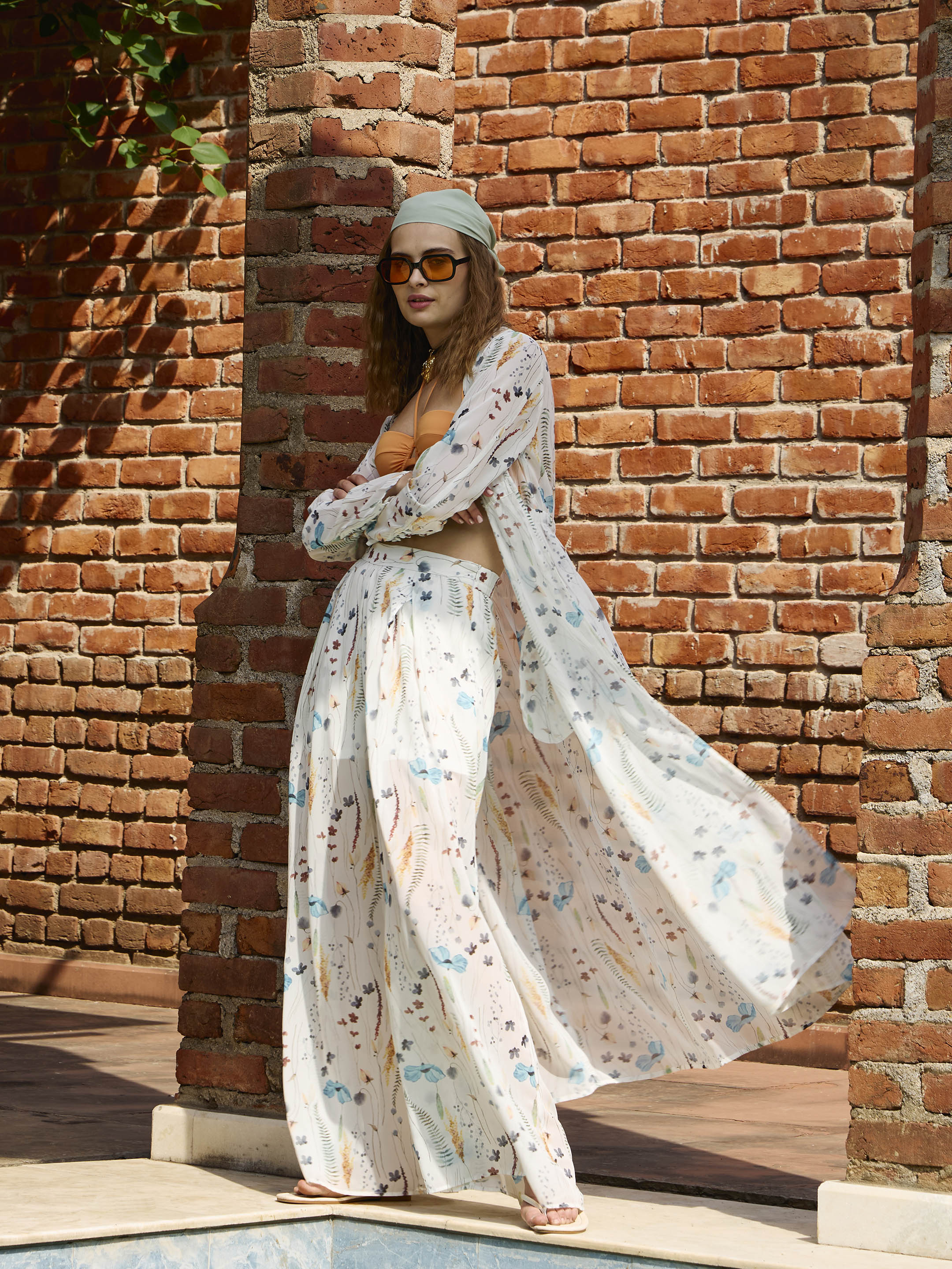 Women White Ditsy Floral Long Top With Flared Pants - Image 3