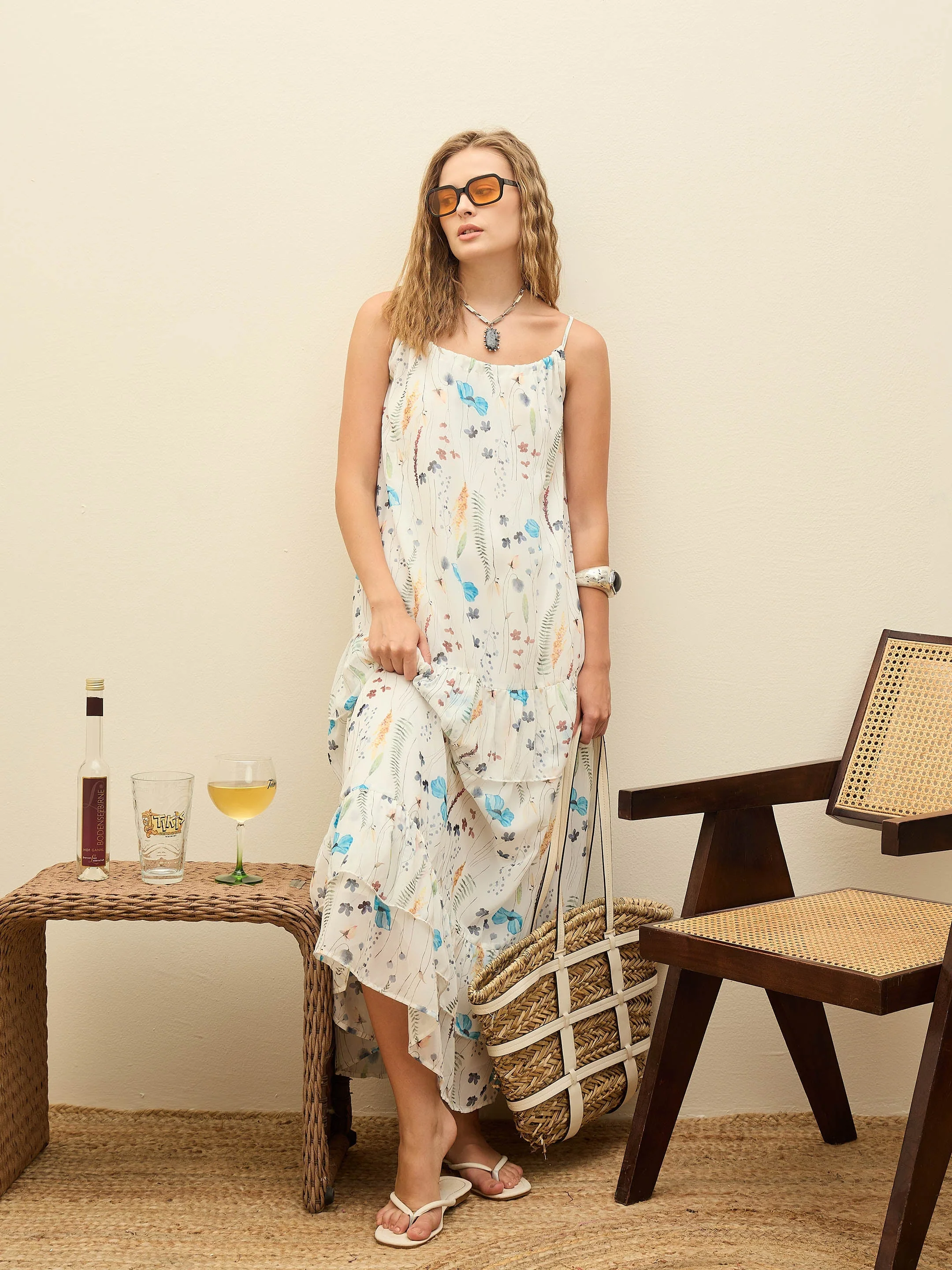 Women White Ditsy Floral Strappy Maxi Dress - Image 2
