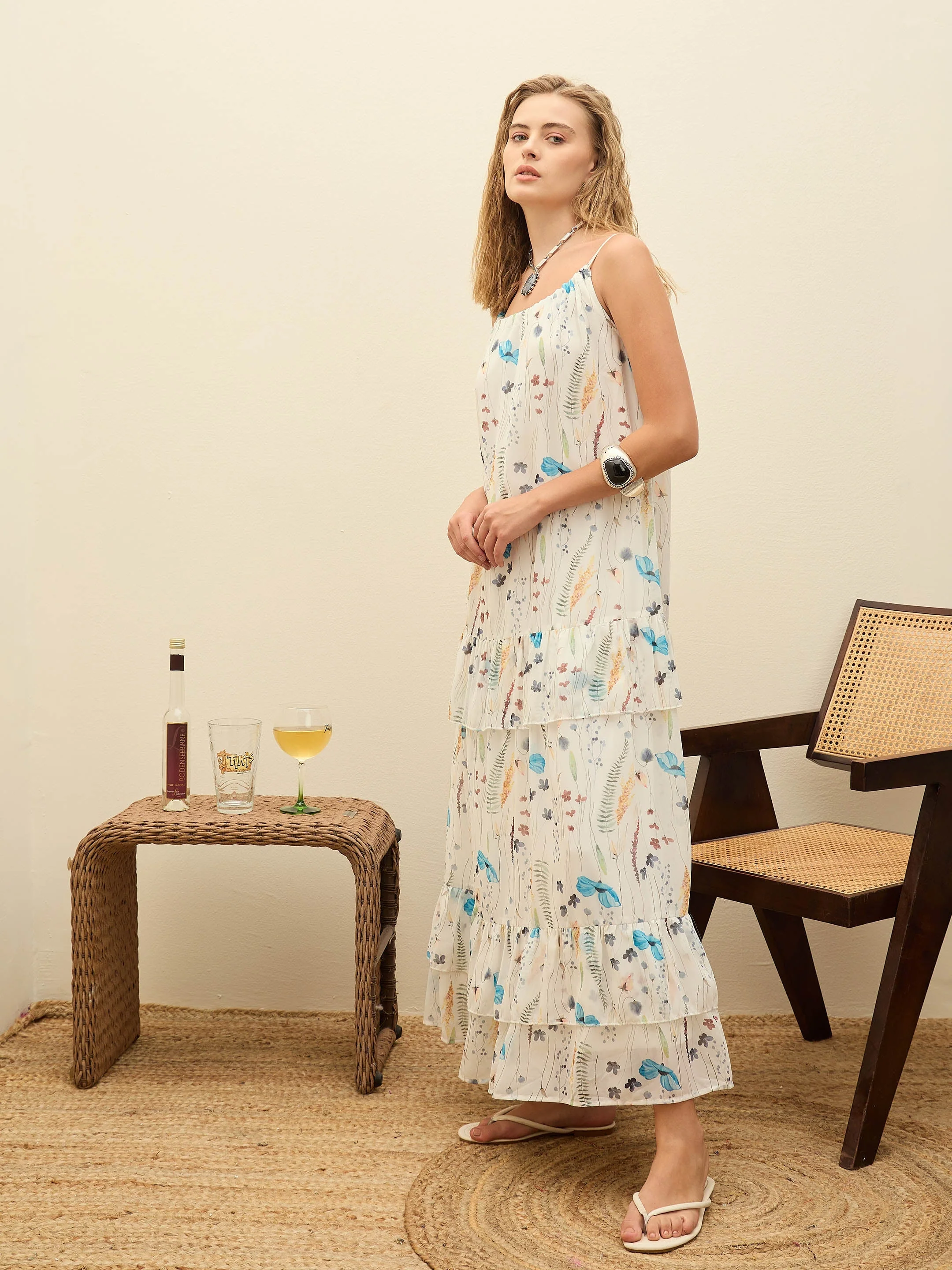 Women White Ditsy Floral Strappy Maxi Dress - Image 3