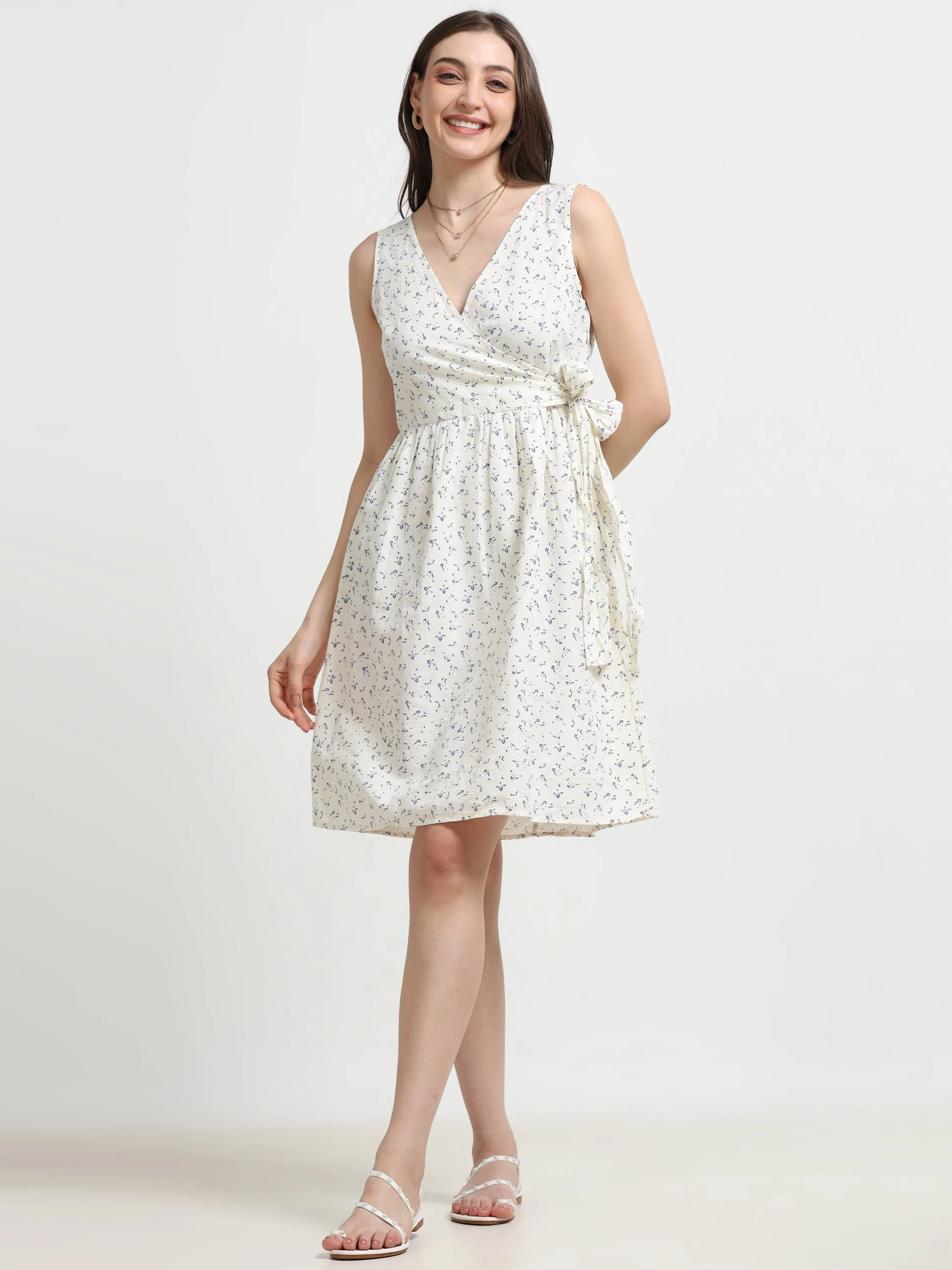 Women White Ditsy Wrap Dress - Image 2