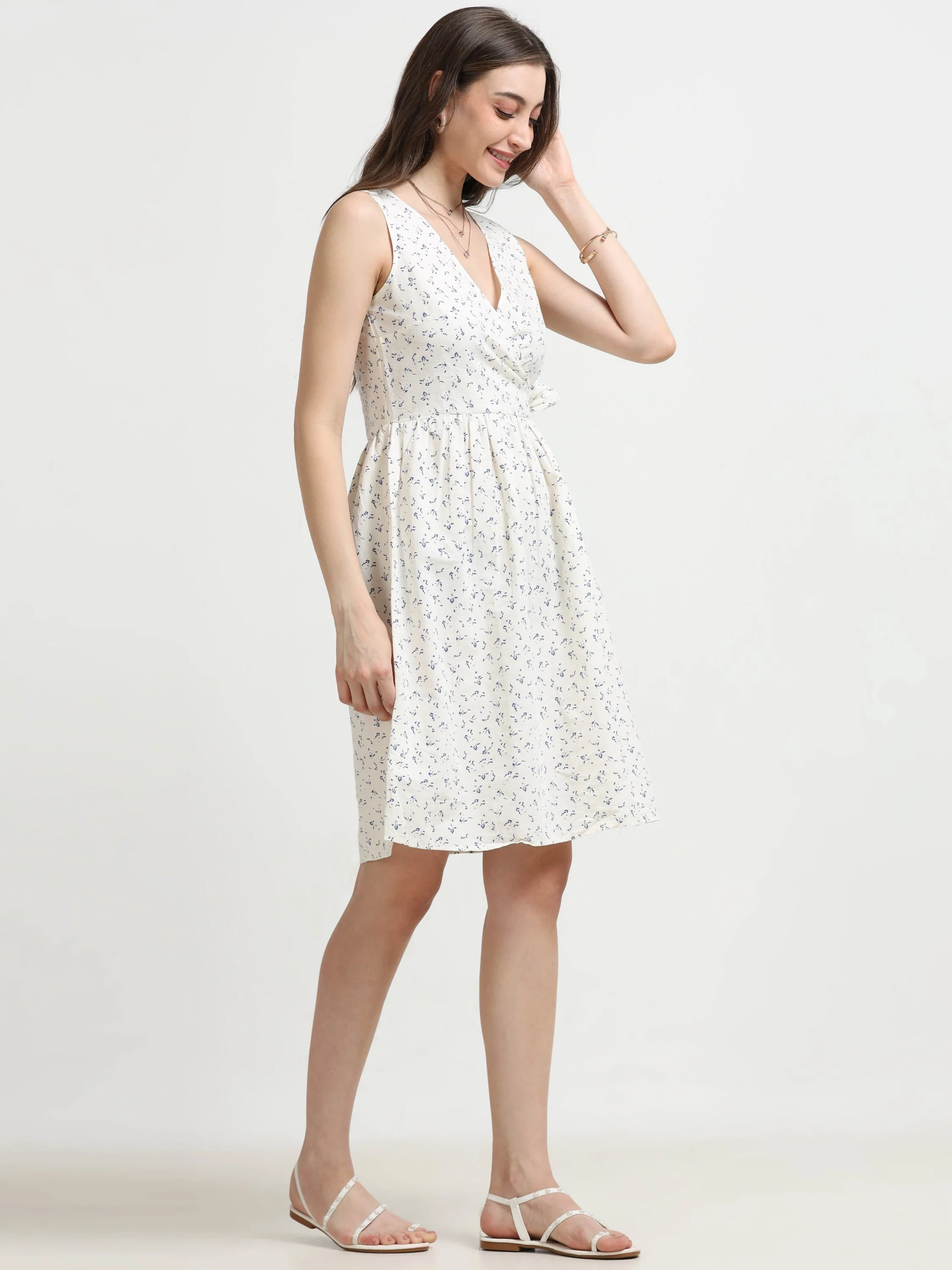 Women White Ditsy Wrap Dress - Image 5