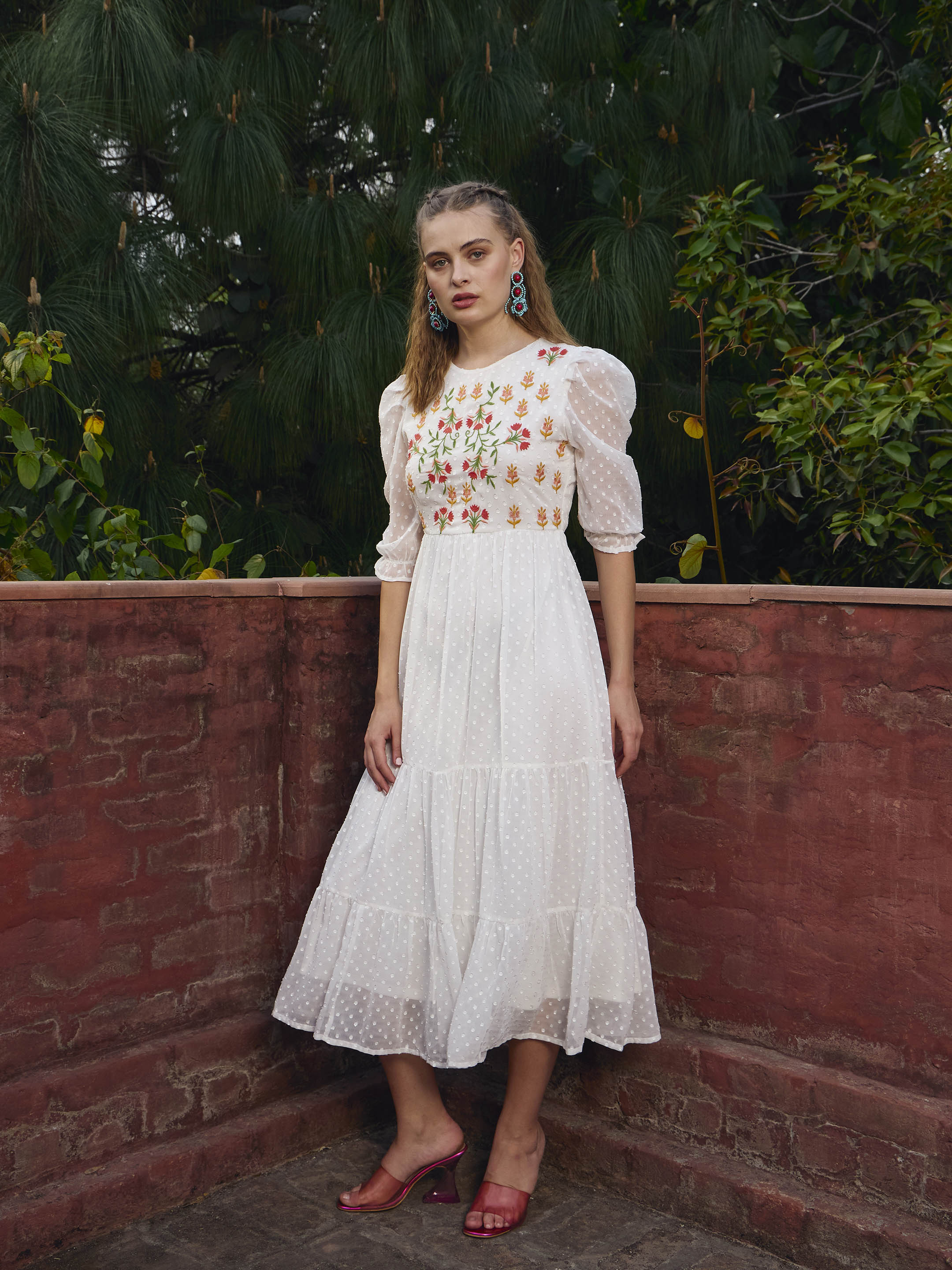 Women White Dobby Tiered Midi Dress - Image 3