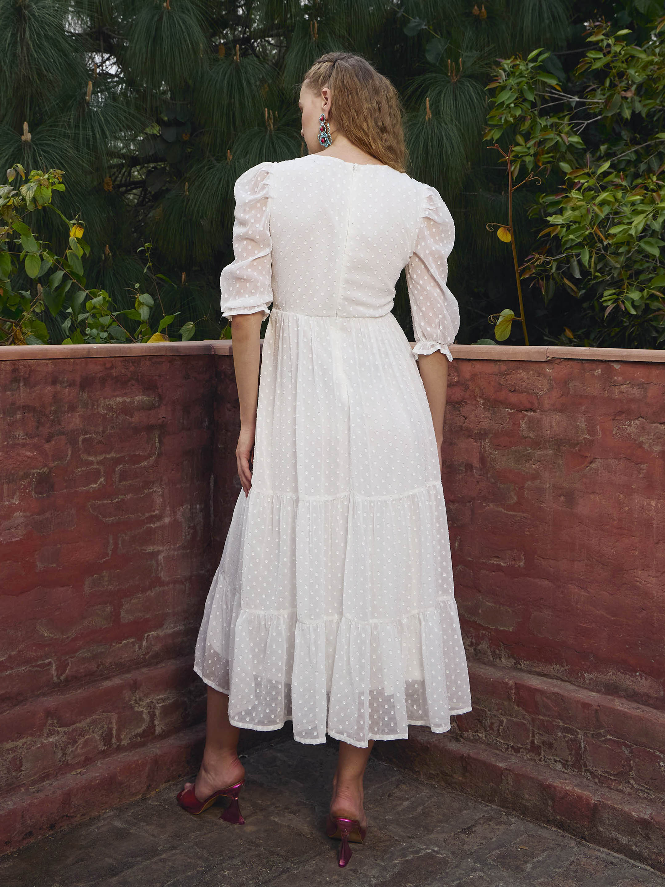 Women White Dobby Tiered Midi Dress - Image 5