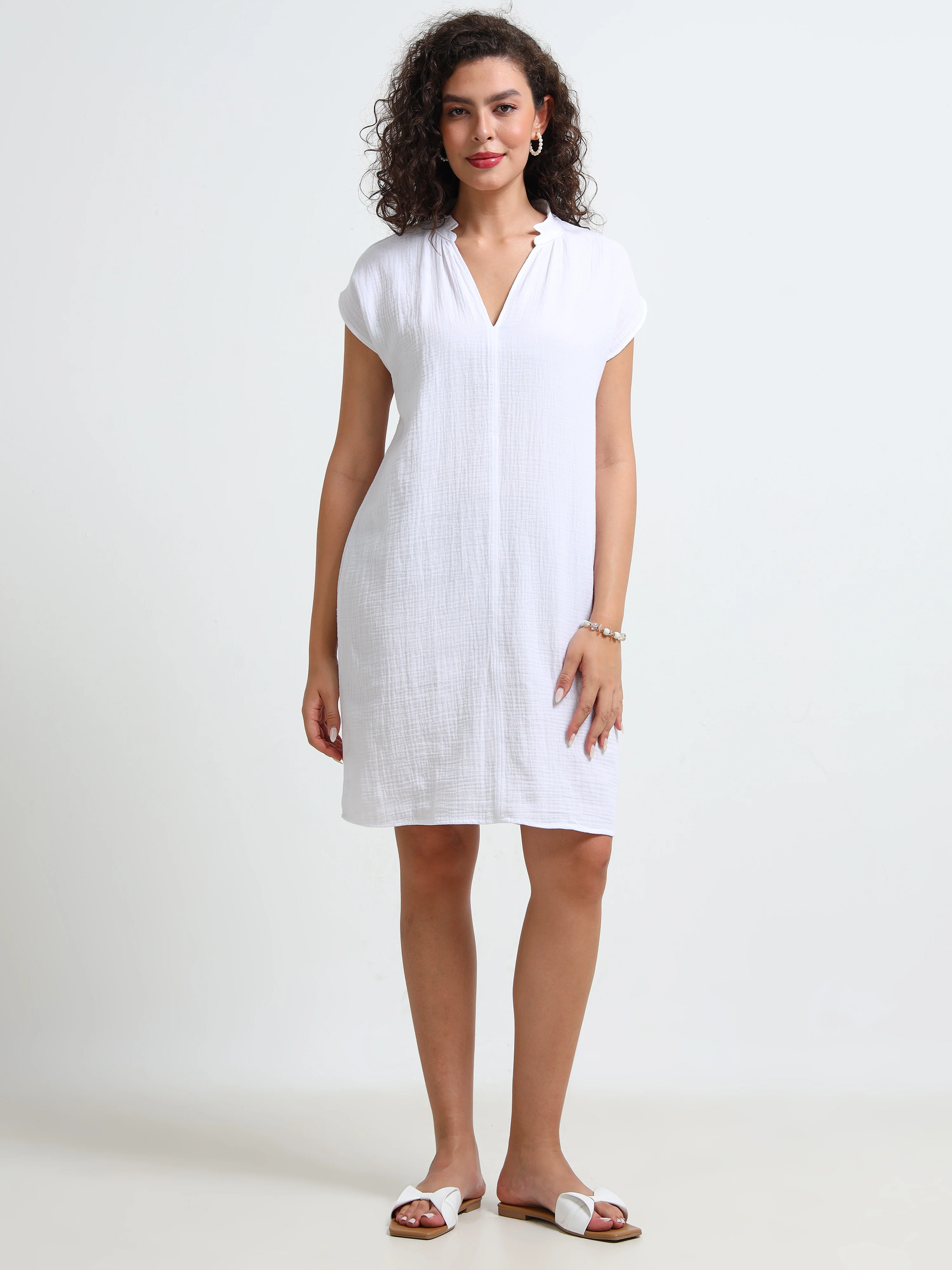 Women White Double Gauze Relaxed Dress - Image 2