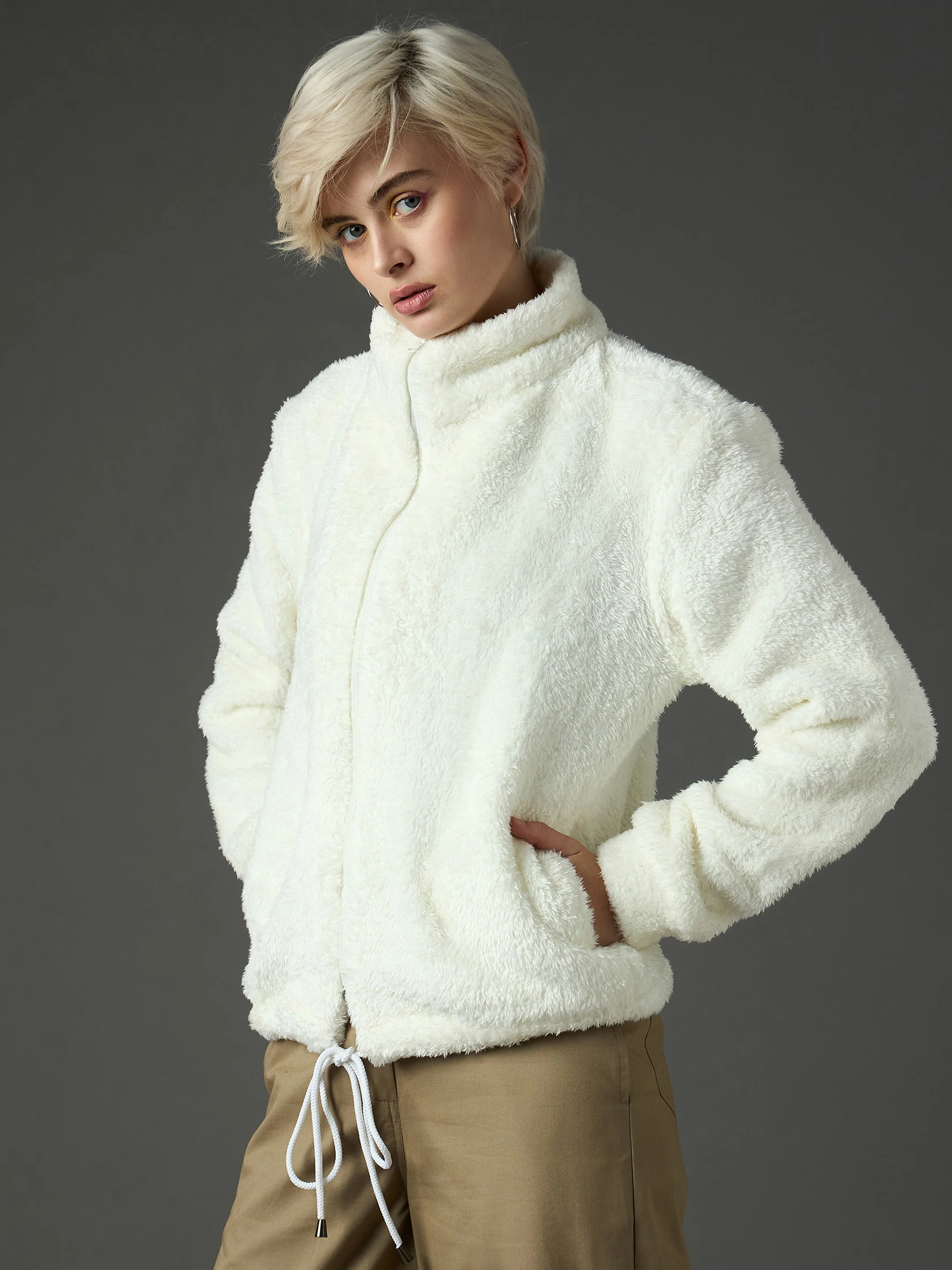 Women White Drawstring Faux Fur Jacket - Image 3