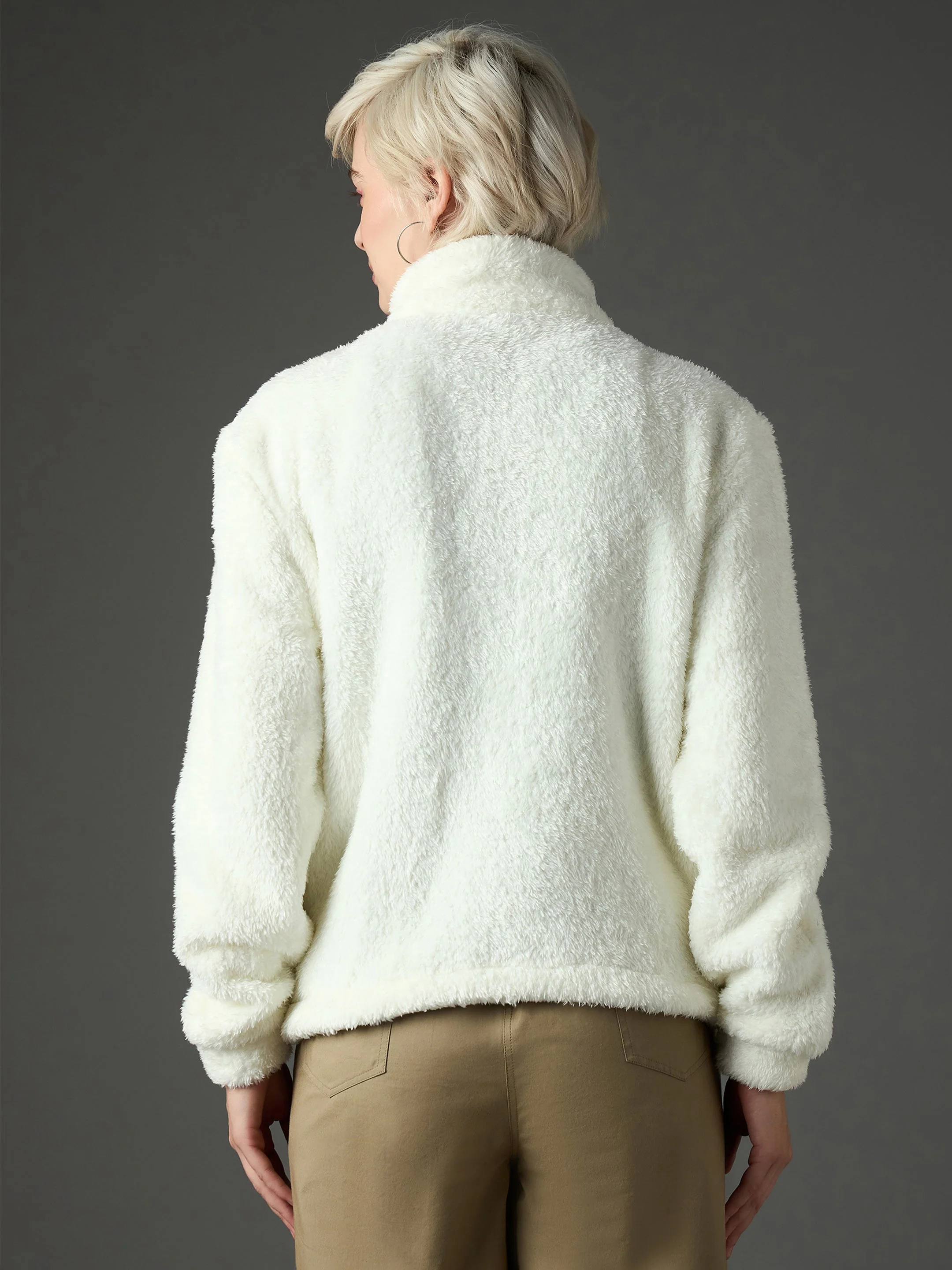 Women White Drawstring Faux Fur Jacket - Image 5