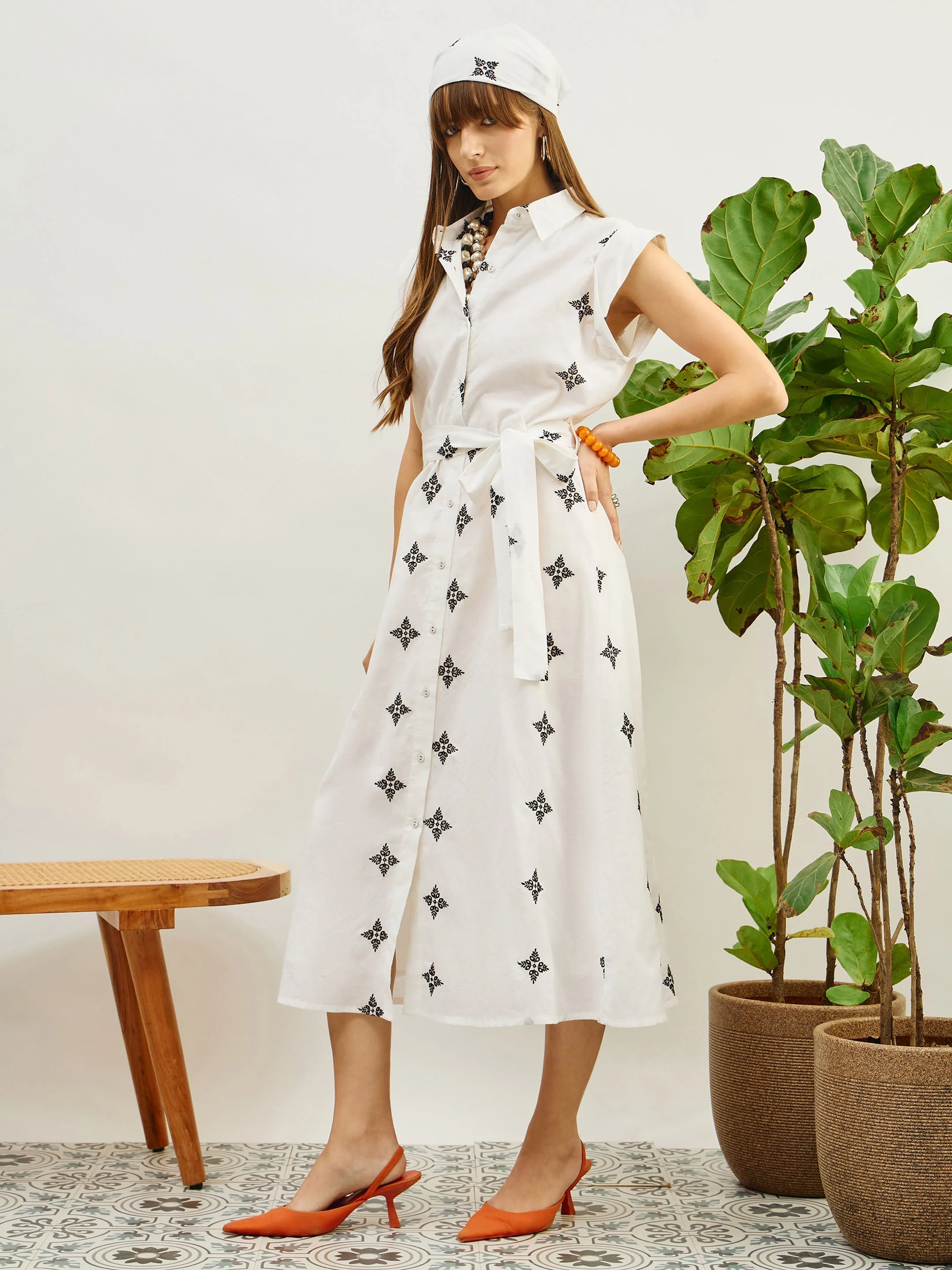 Women White Embroidered Button Down Midi Dress - Image 3