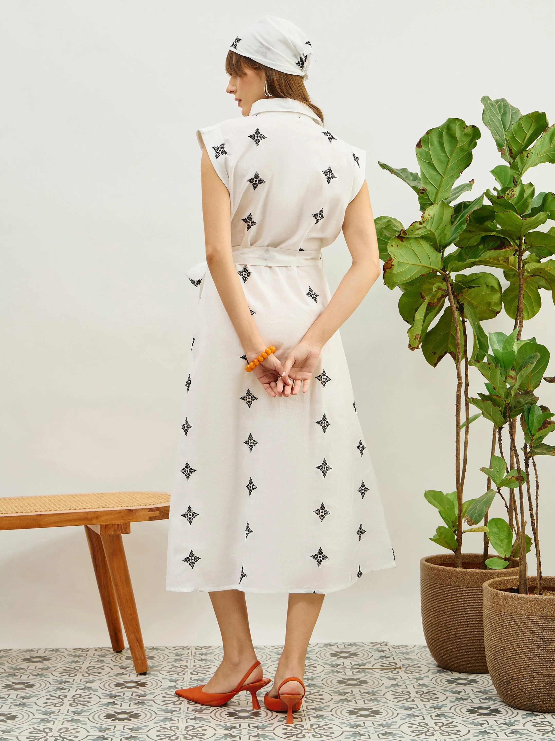Women White Embroidered Button Down Midi Dress - Image 5