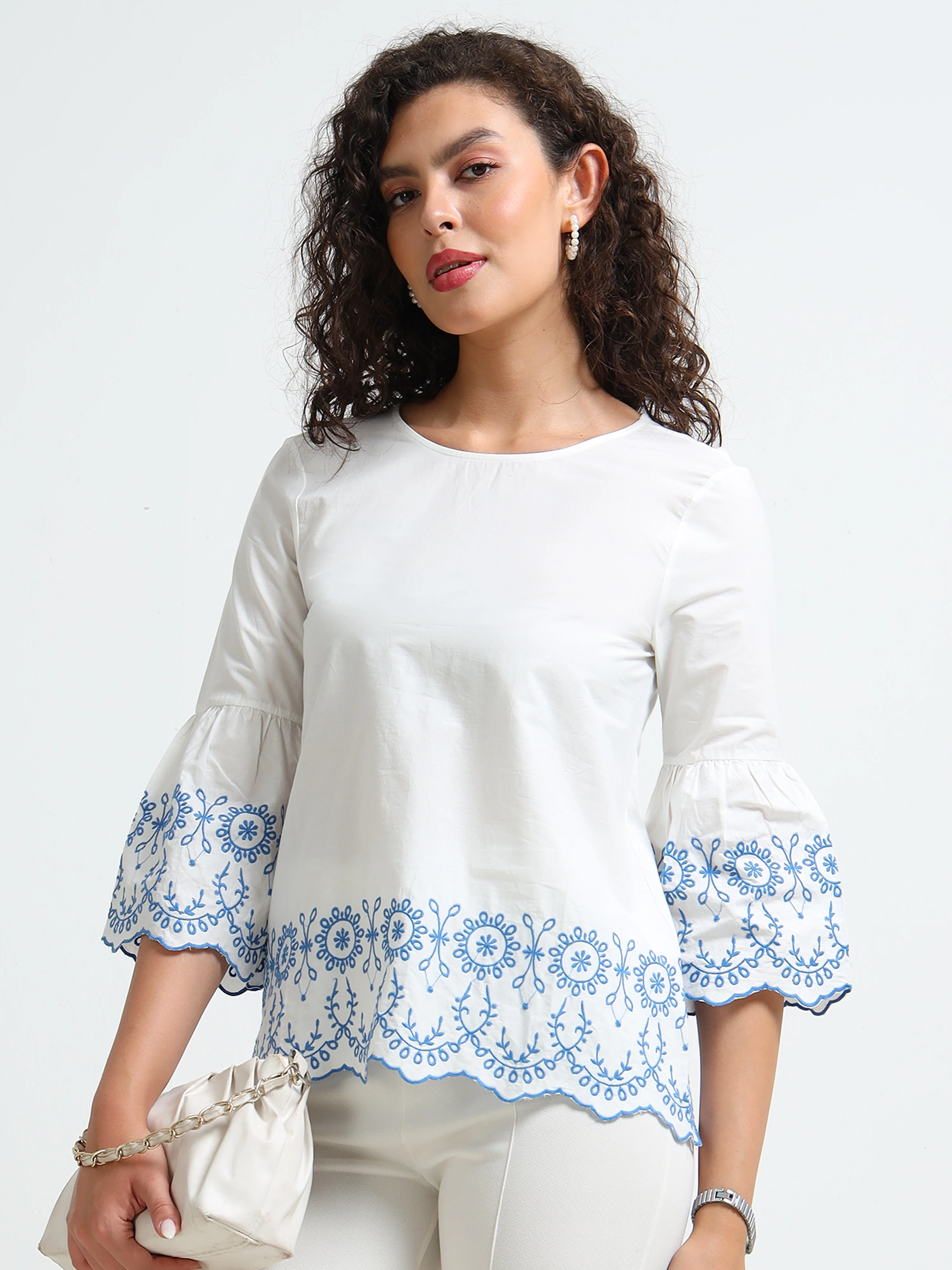 Women White Embroidered Casual Top - Image 2