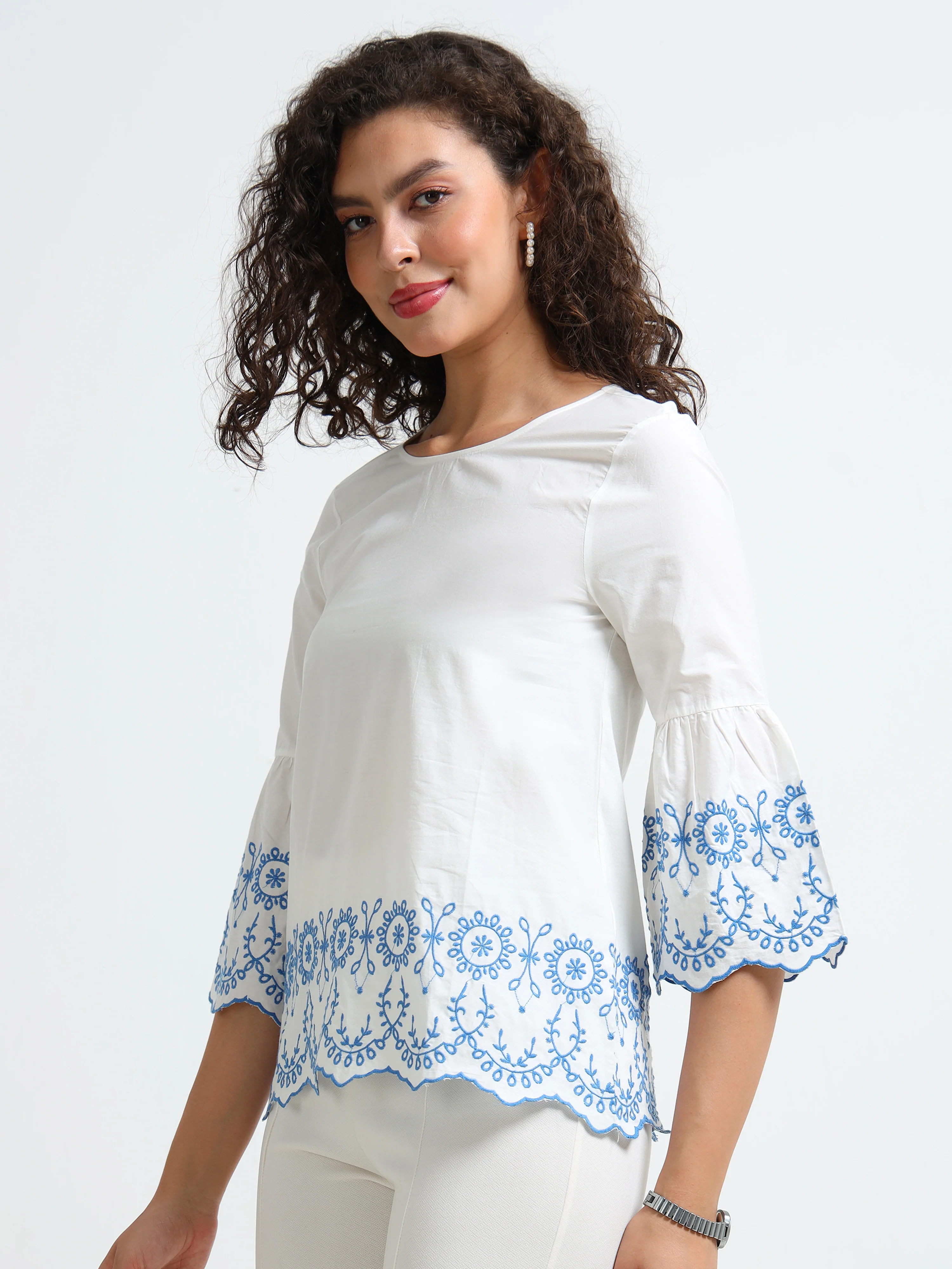 Women White Embroidered Casual Top - Image 5