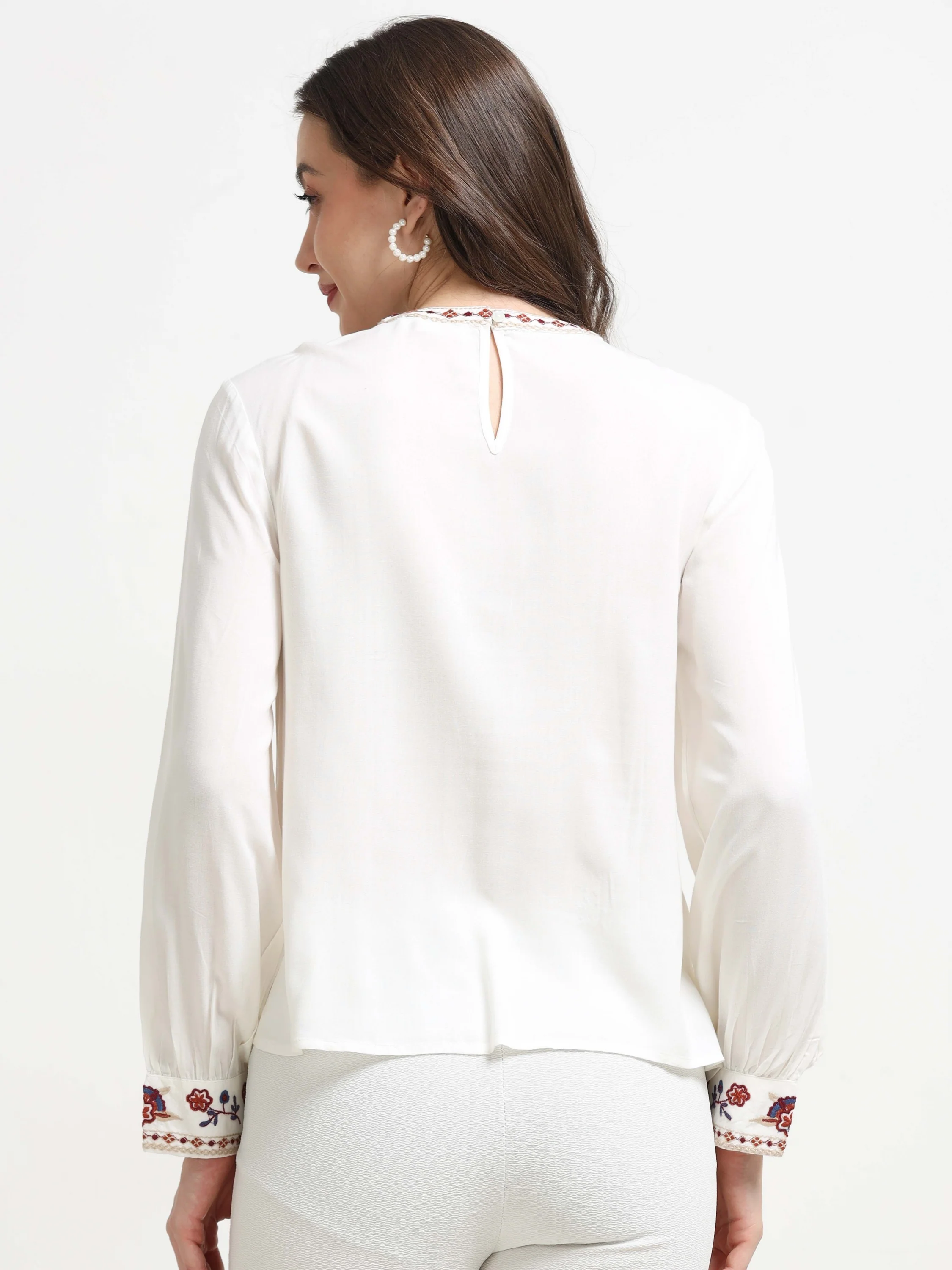 Women White Embroidered Casual Top - Image 2