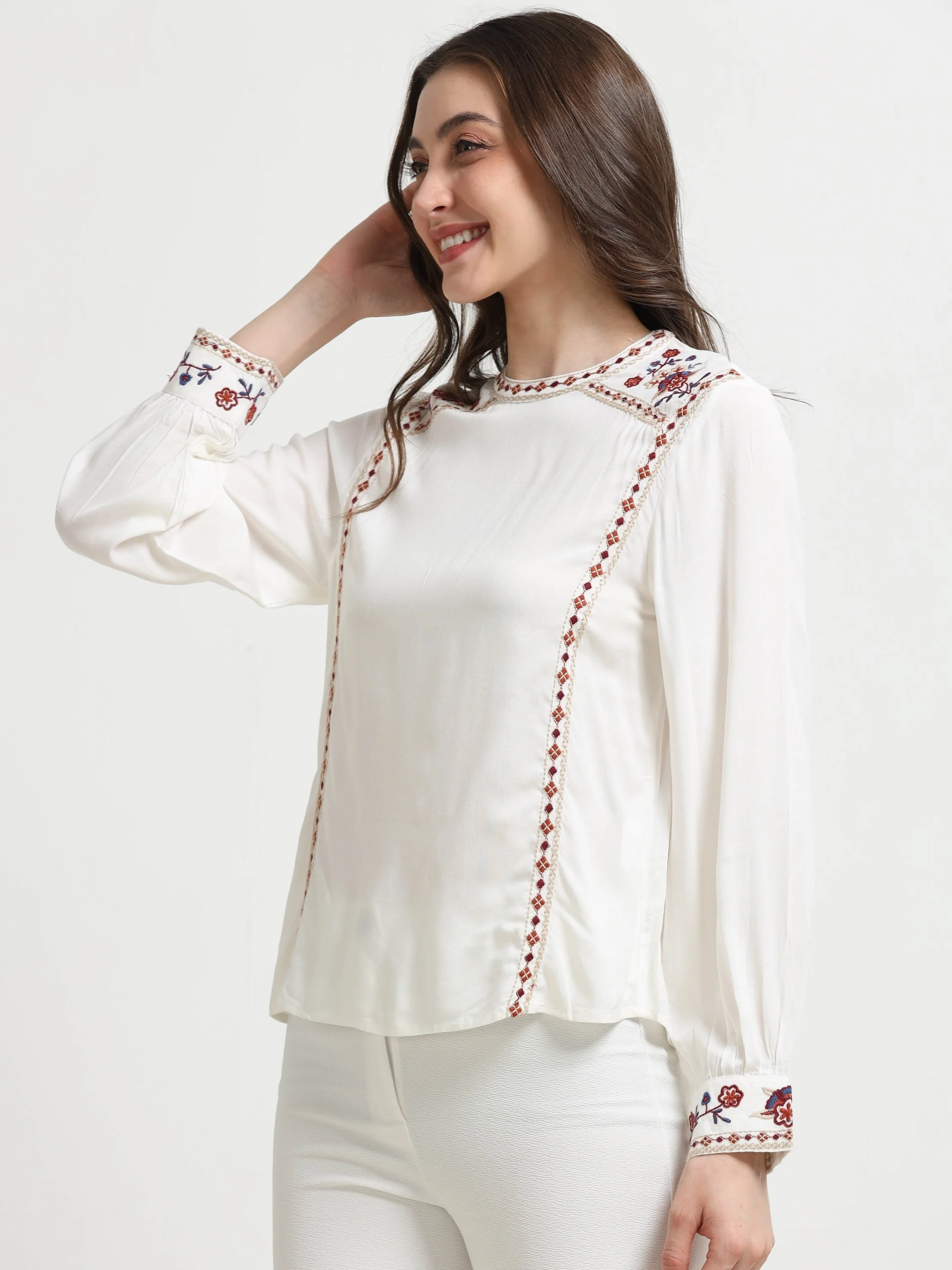 Women White Embroidered Casual Top - Image 4