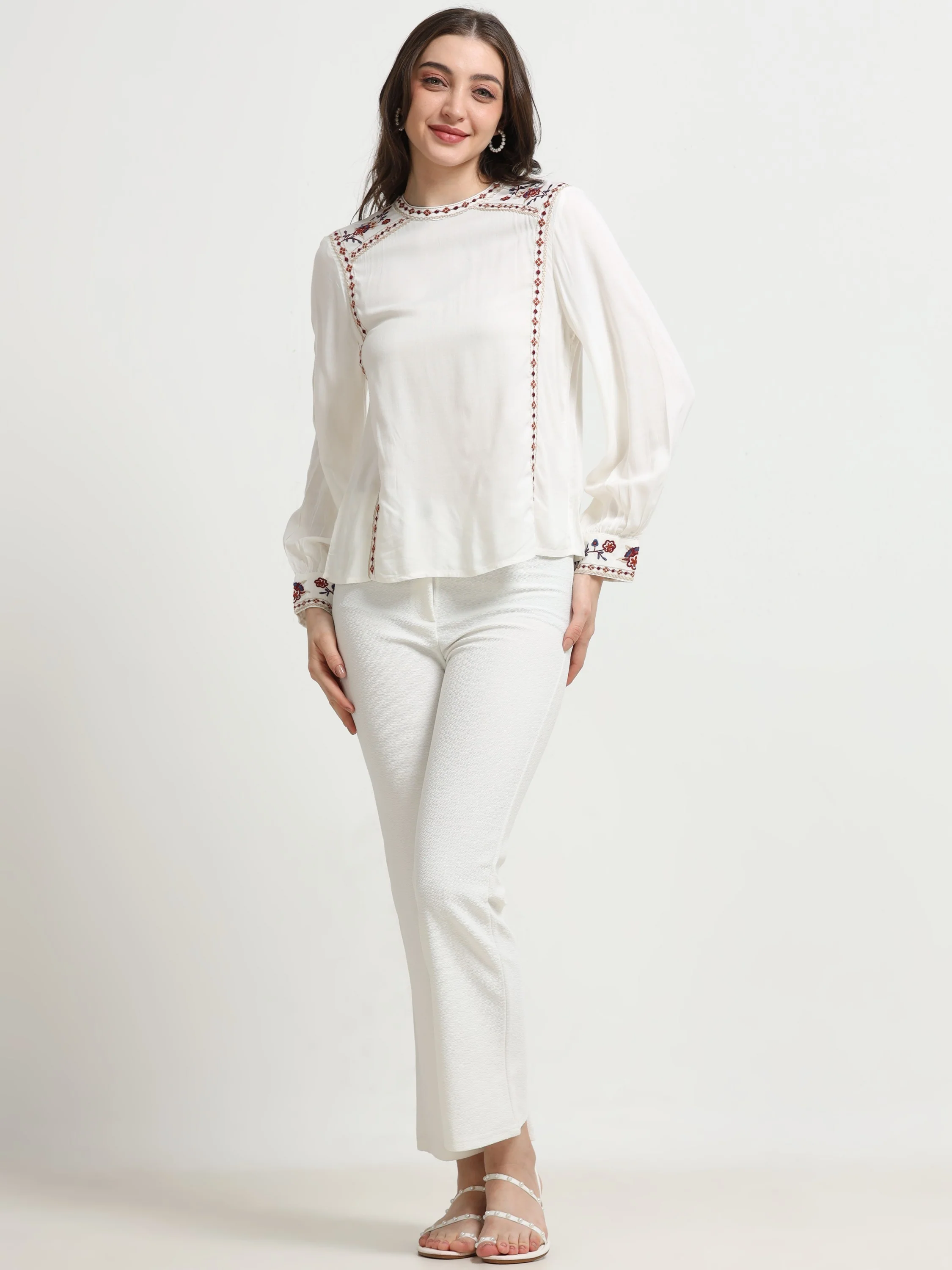 Women White Embroidered Casual Top - Image 5