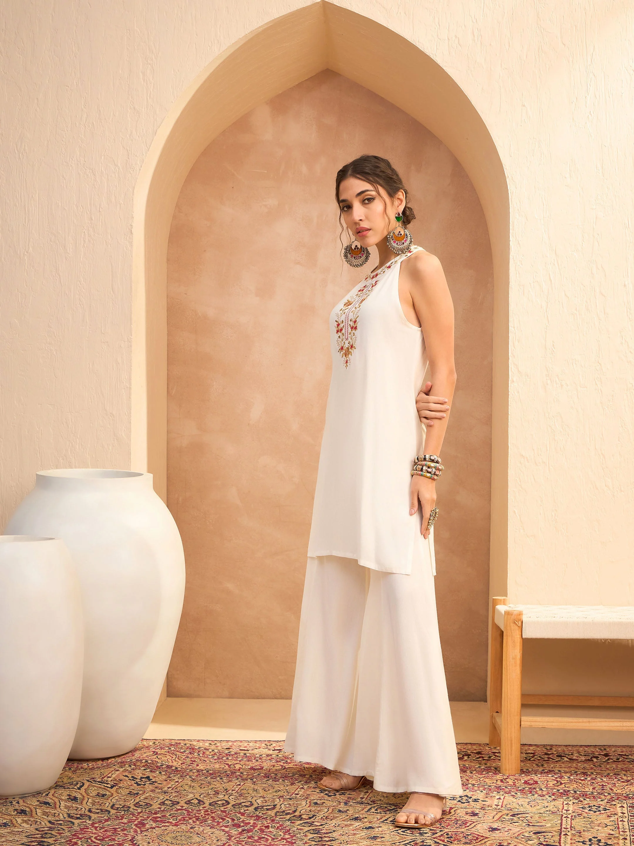 Women White Embroidered Halter Kurta With Palazzo Pants - Image 3