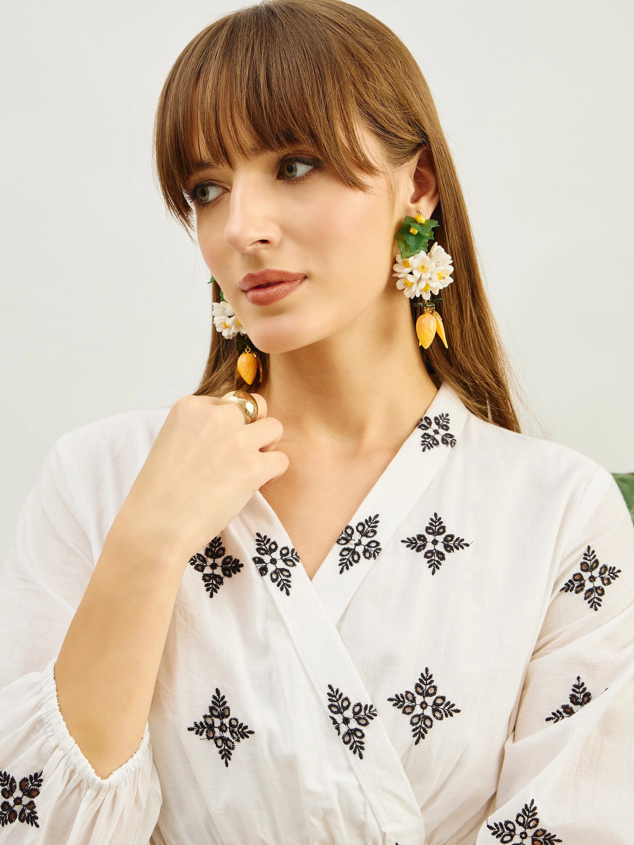 Women White Embroidered Shawl Collar Tiered Dress - Image 2