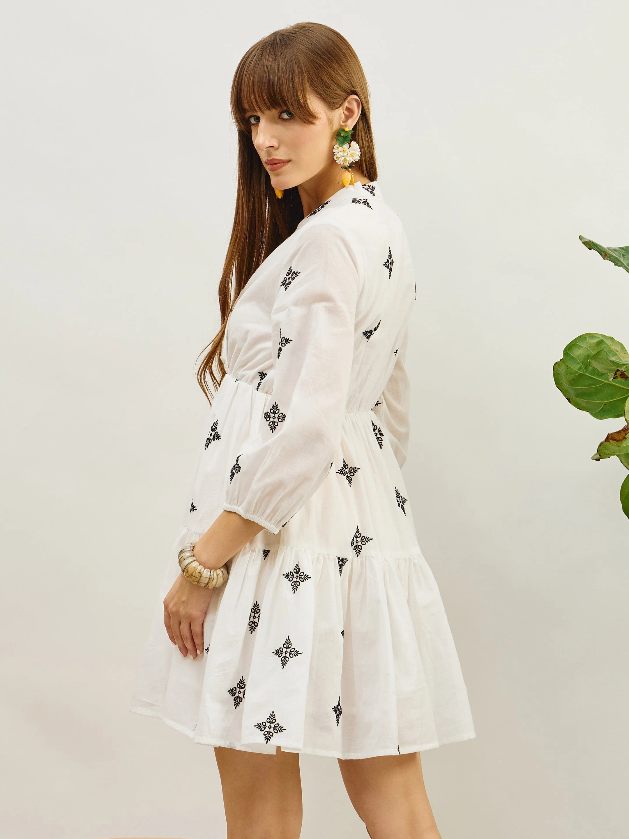 Women White Embroidered Shawl Collar Tiered Dress - Image 3