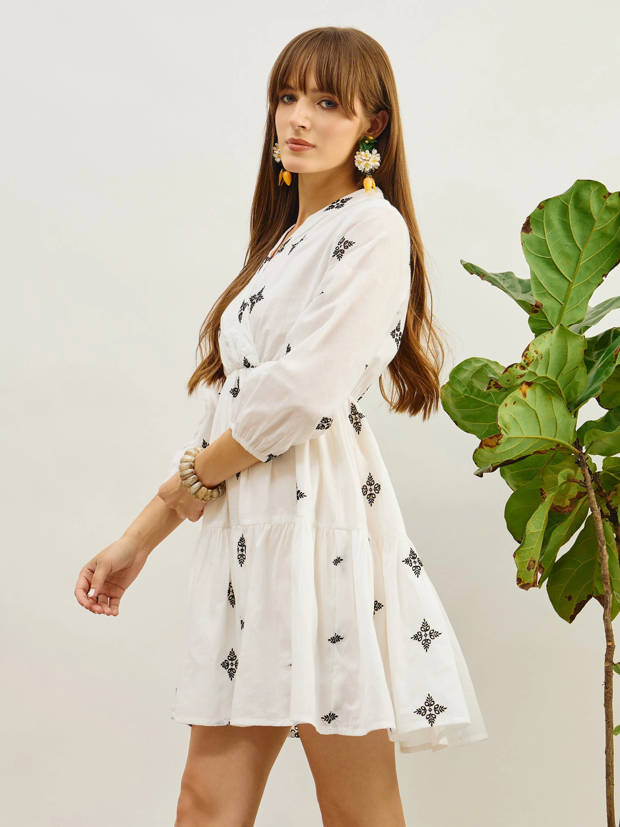 Women White Embroidered Shawl Collar Tiered Dress - Image 5