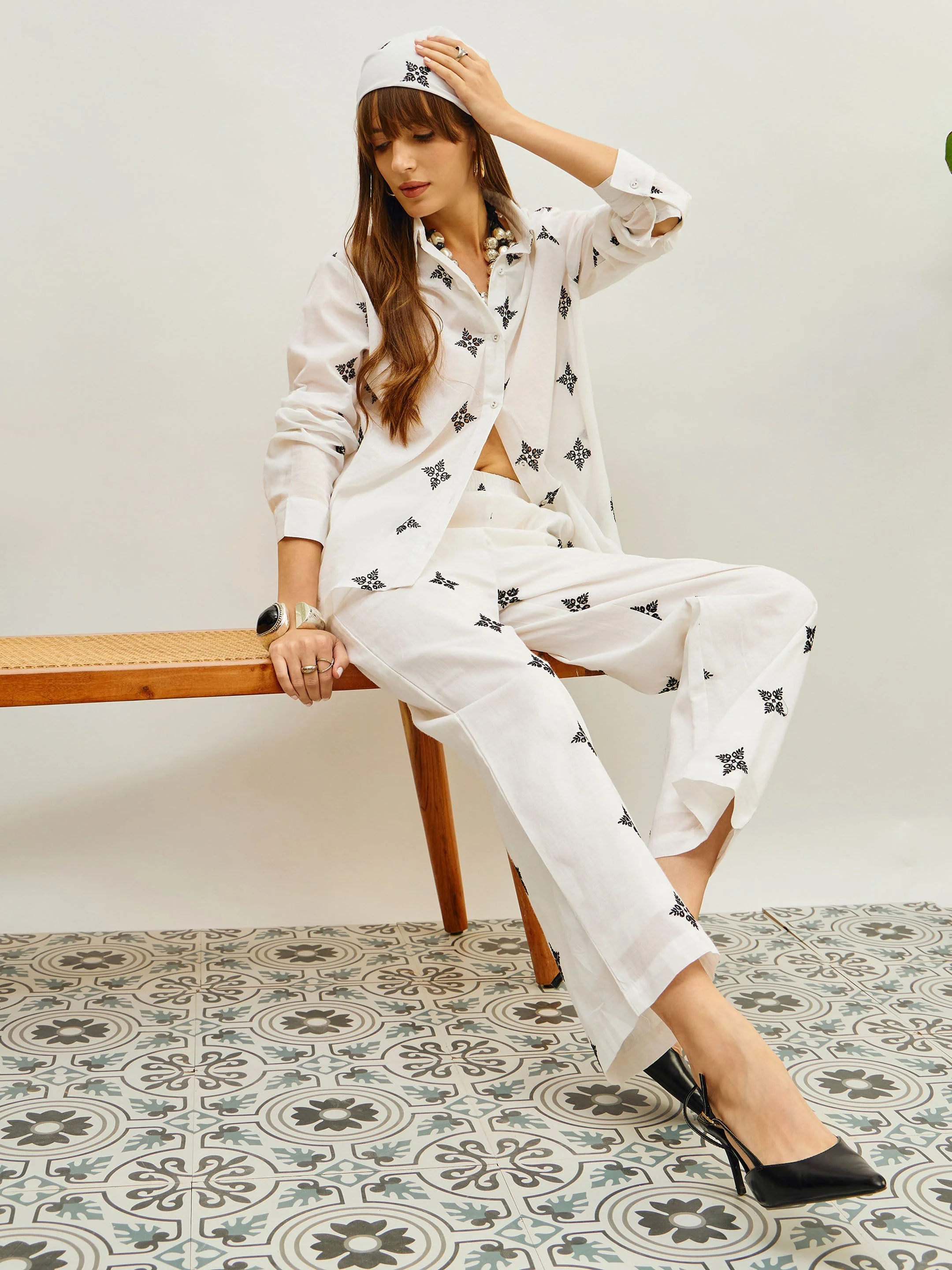 Women White Embroidered Shirt With Straight Pants - Image 2