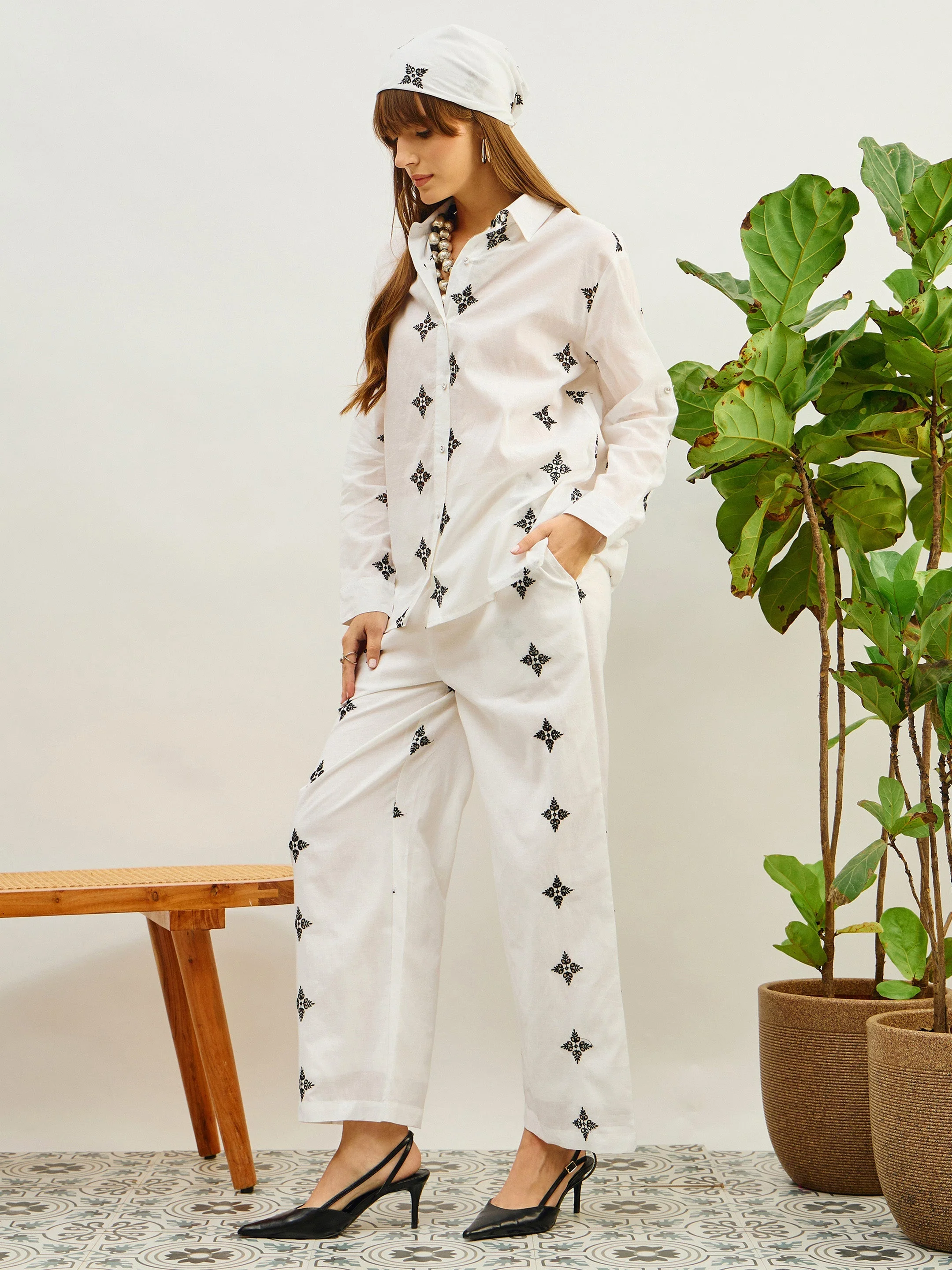 Women White Embroidered Shirt With Straight Pants - Image 3