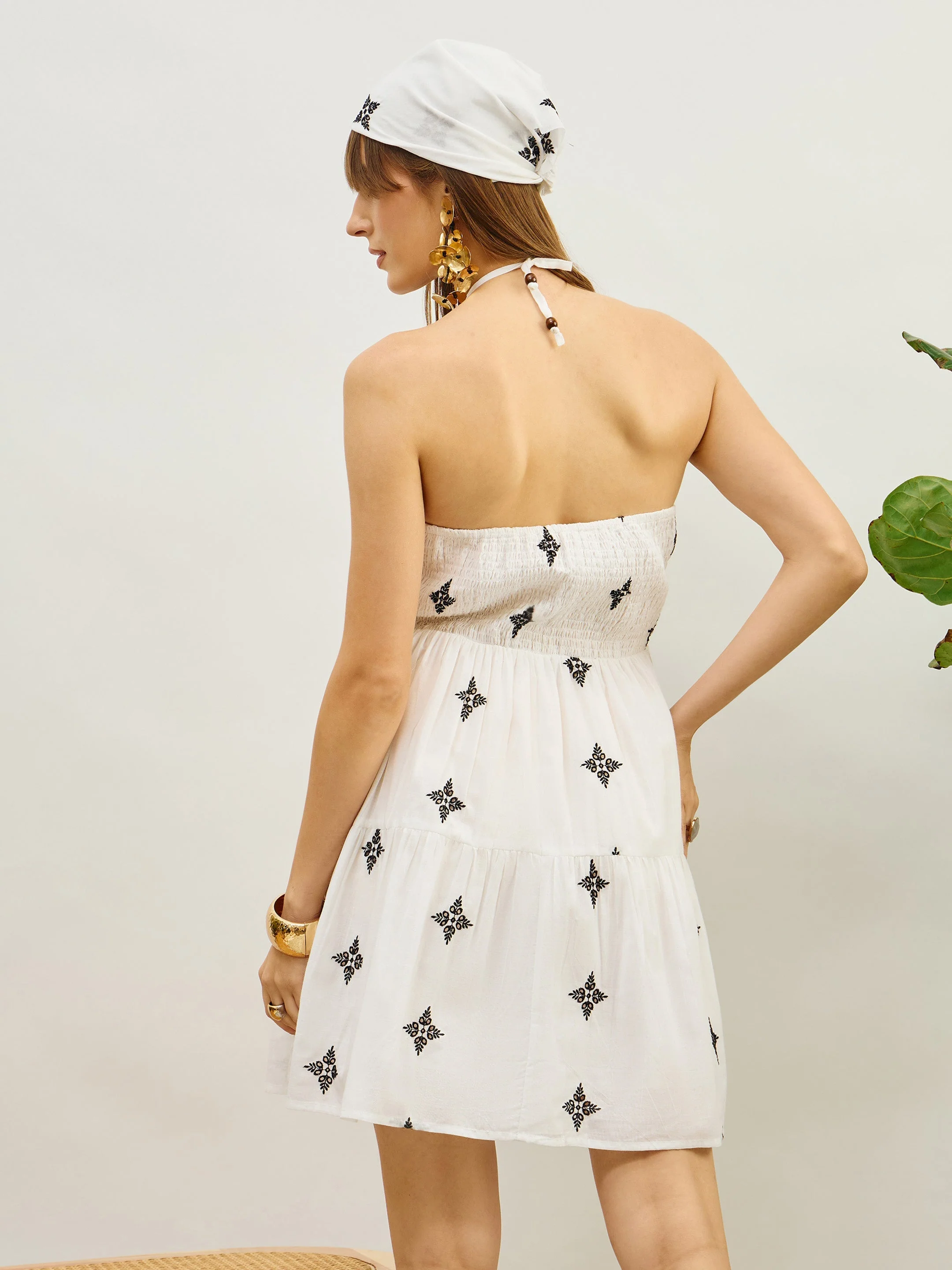 Women White Embroidered Strappy Short Dress - Image 5