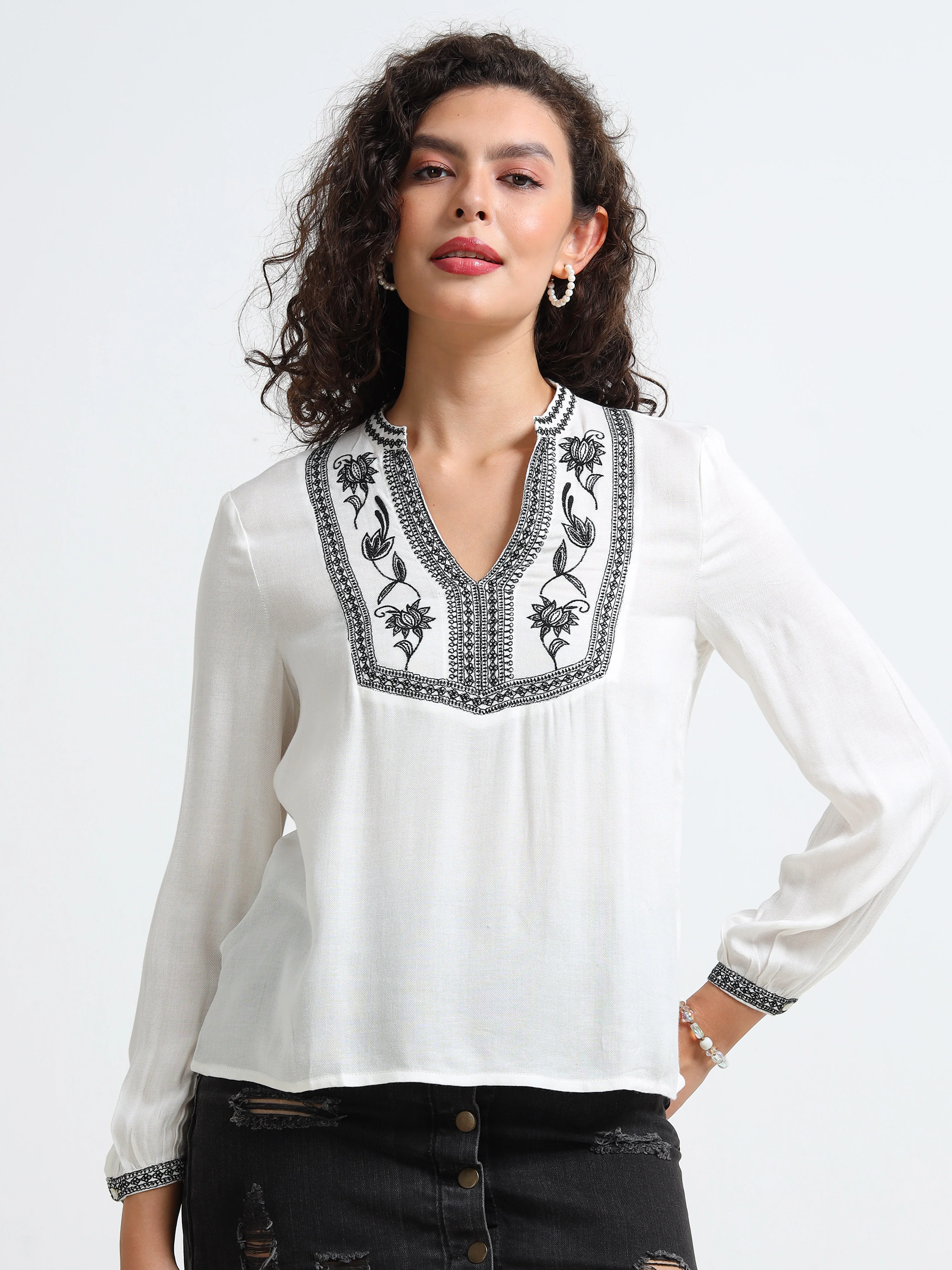Women White Embroidered Yoke Top - Image 2