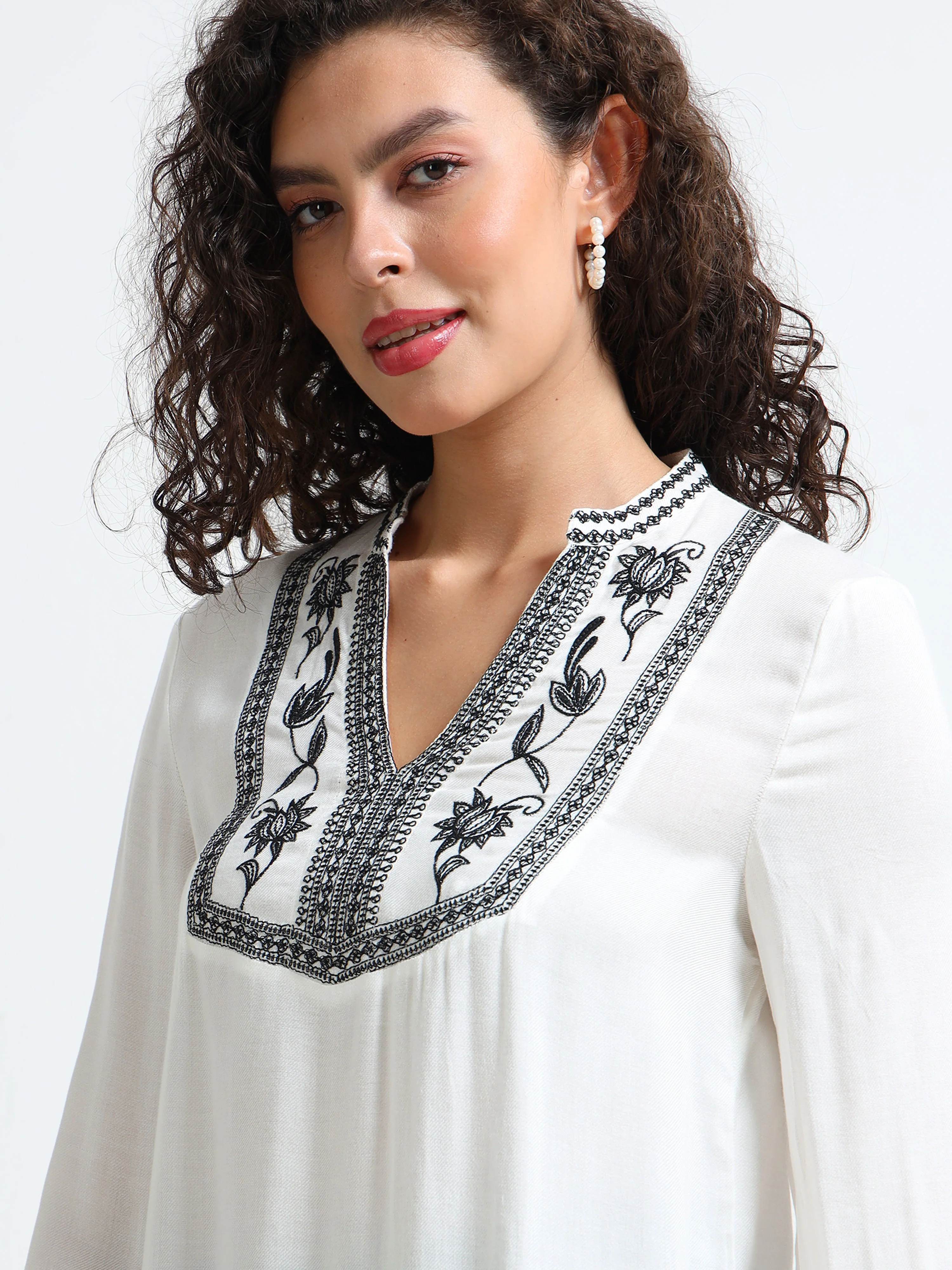 Women White Embroidered Yoke Top - Image 3